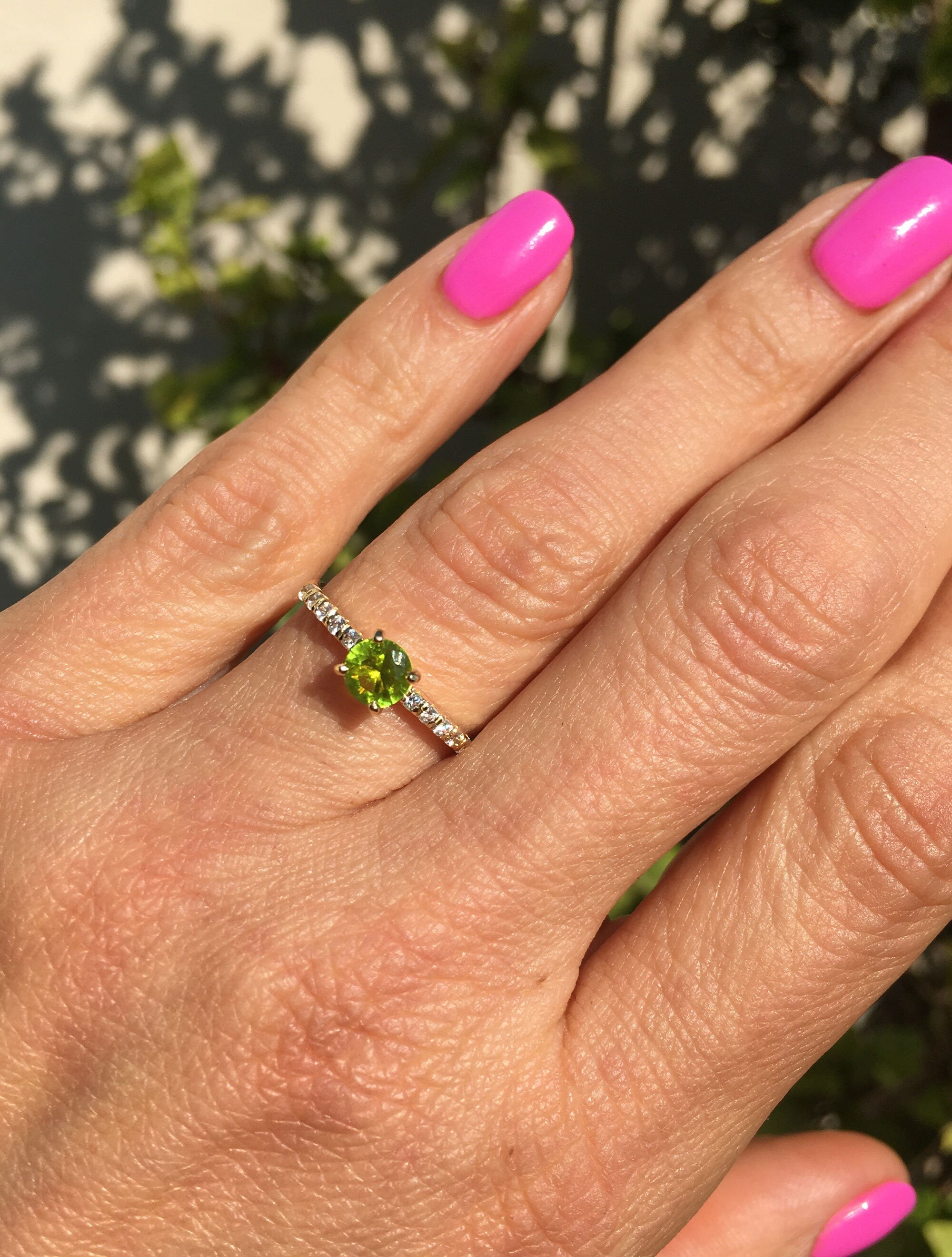 Peridot Ring - August Birthstone - Round Peridot Gemstone Ring with Clear Quartz Accents - H.L.Jewelry