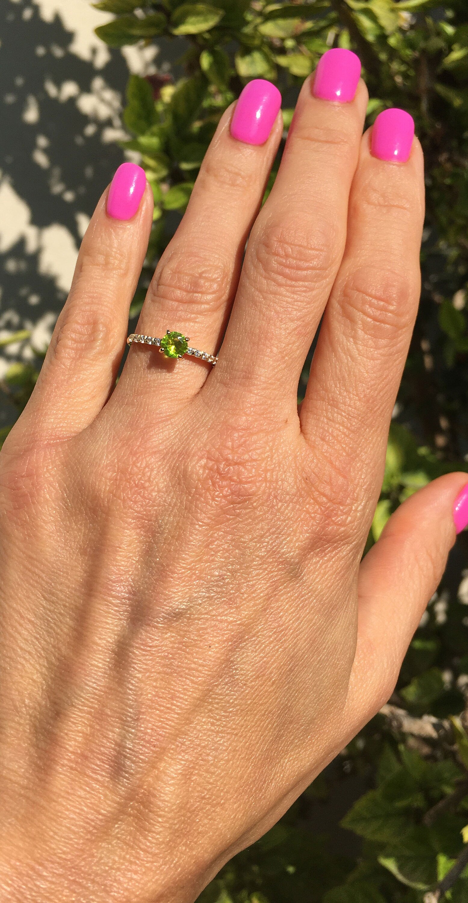 Peridot Ring - August Birthstone - Round Peridot Gemstone Ring with Clear Quartz Accents - H.L.Jewelry