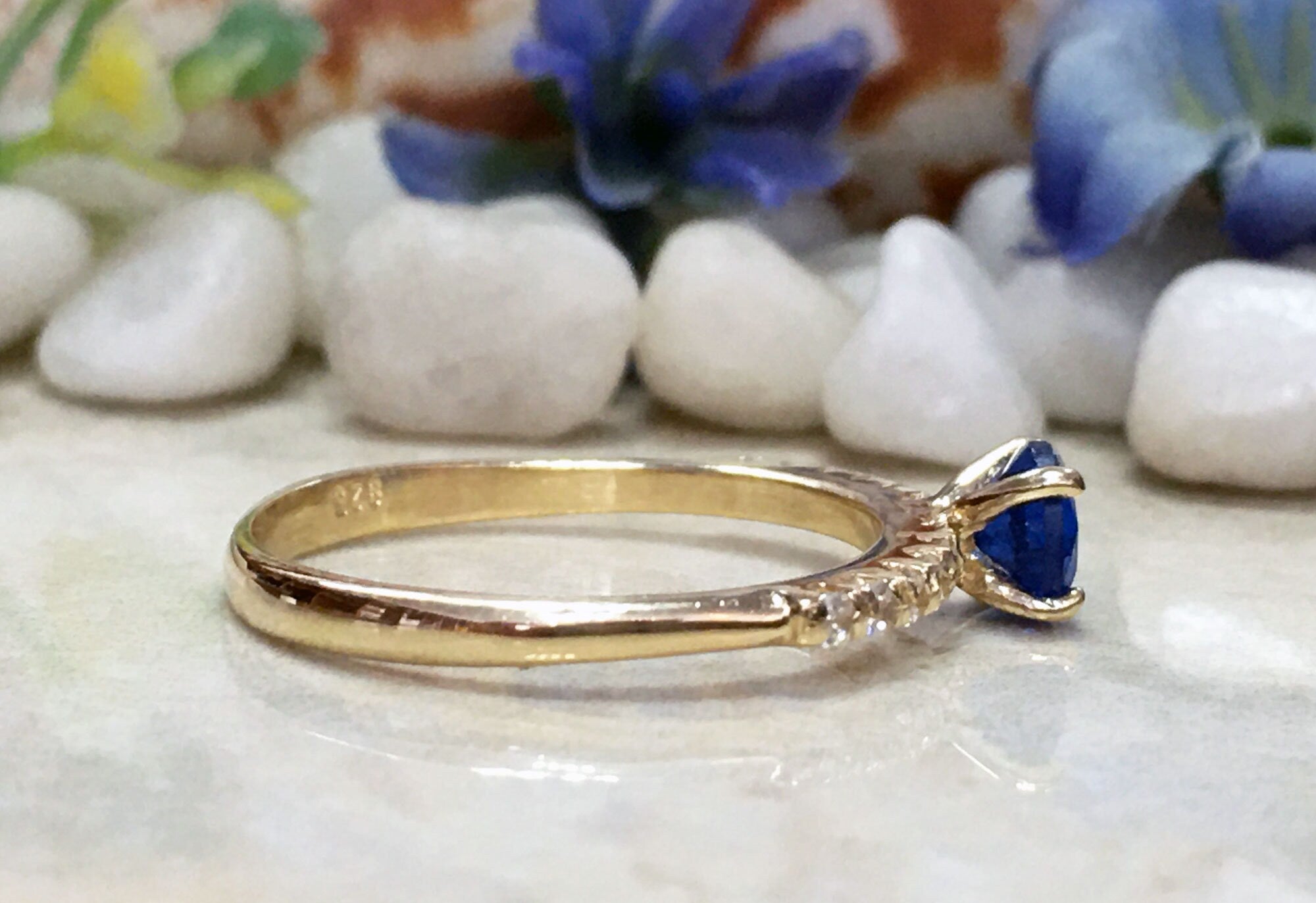 Blue Sapphire Ring - September Birthstone - Round Blue Sapphire Gemstone Ring with Clear Quartz Accents - H.L.Jewelry