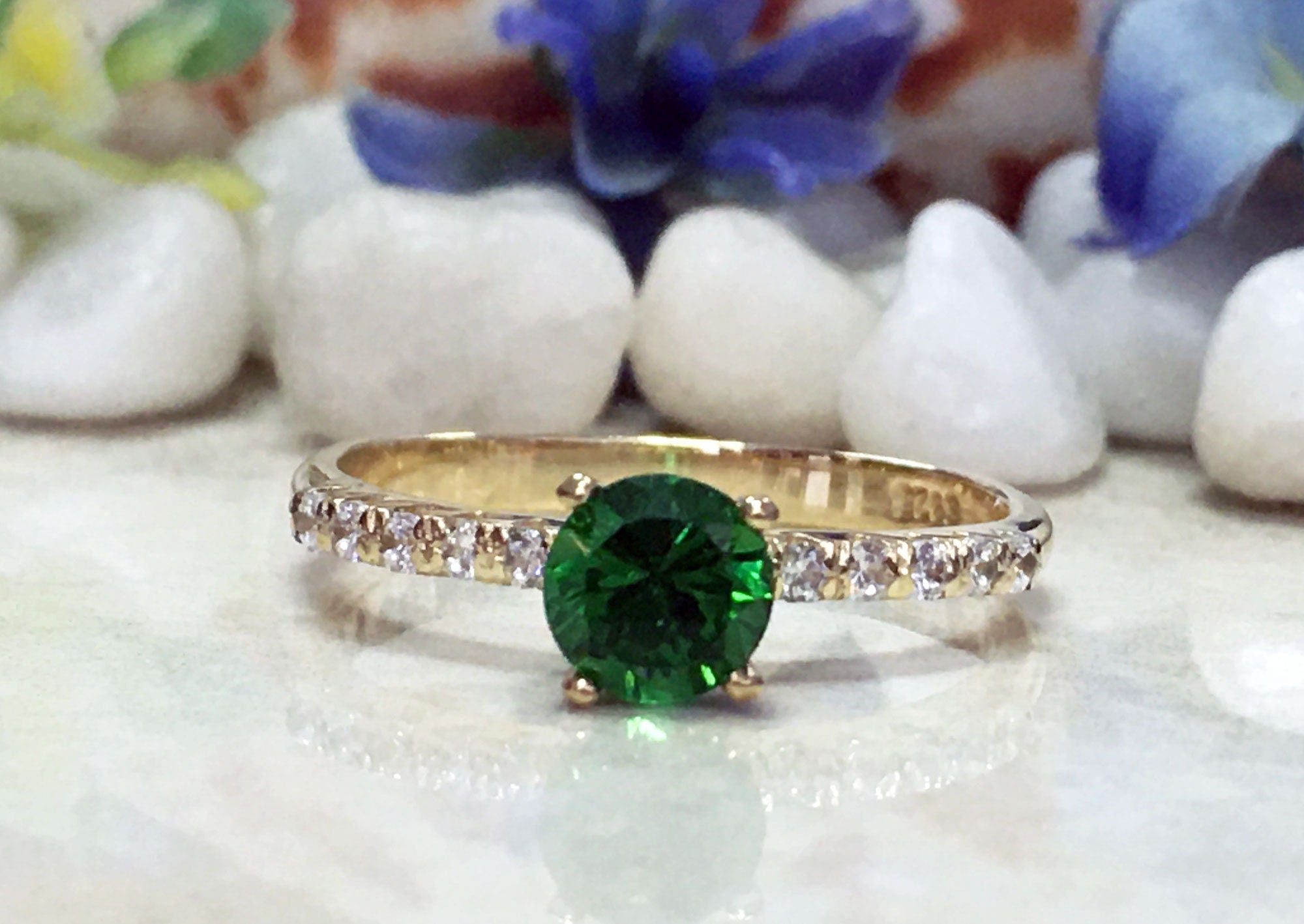 Emerald Ring - May Birthstone - Delicate Round Emerald Ring with Clear Quartz Accents - H.L.Jewelry