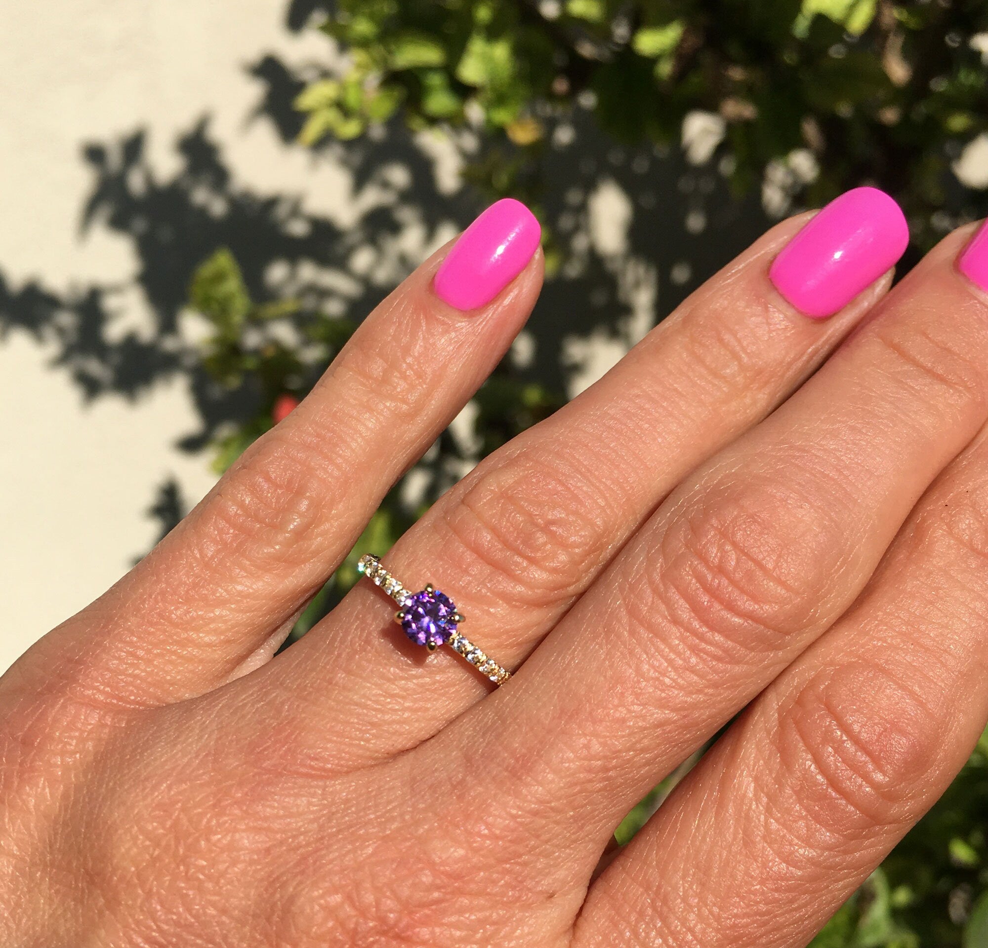 Amethyst Ring - February Birthstone - Delicate Round Purple Amethyst Ring with Clear Quartz Accents - H.L.Jewelry