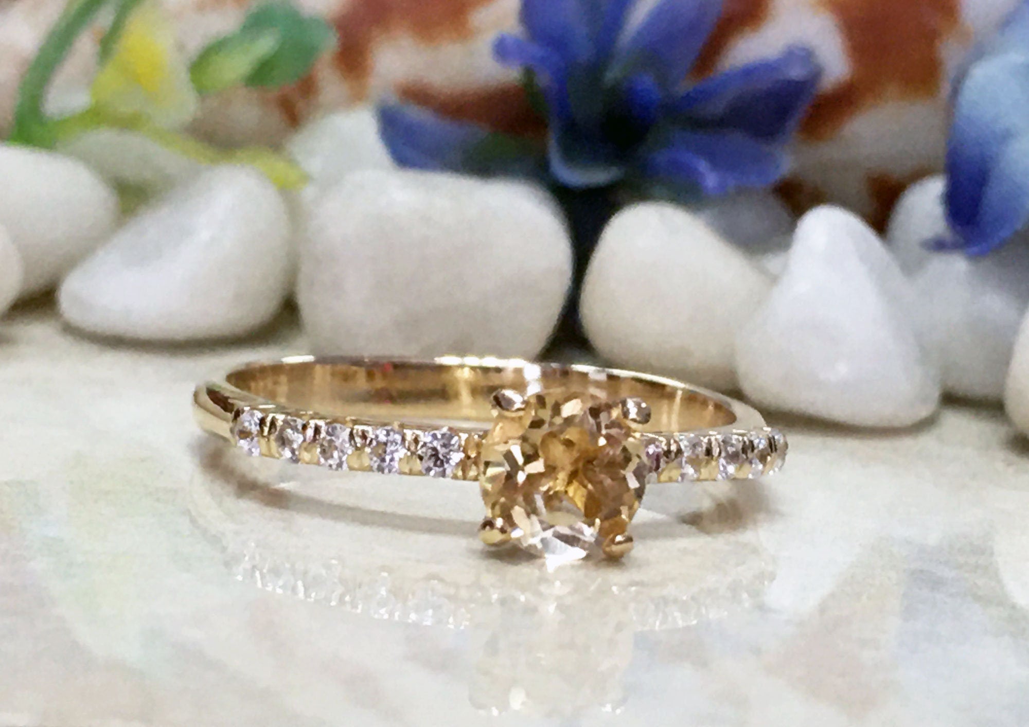 Citrine Ring - November Birthstone - Delicate Round Citrine Ring with Clear Quartz Accents - H.L.Jewelry