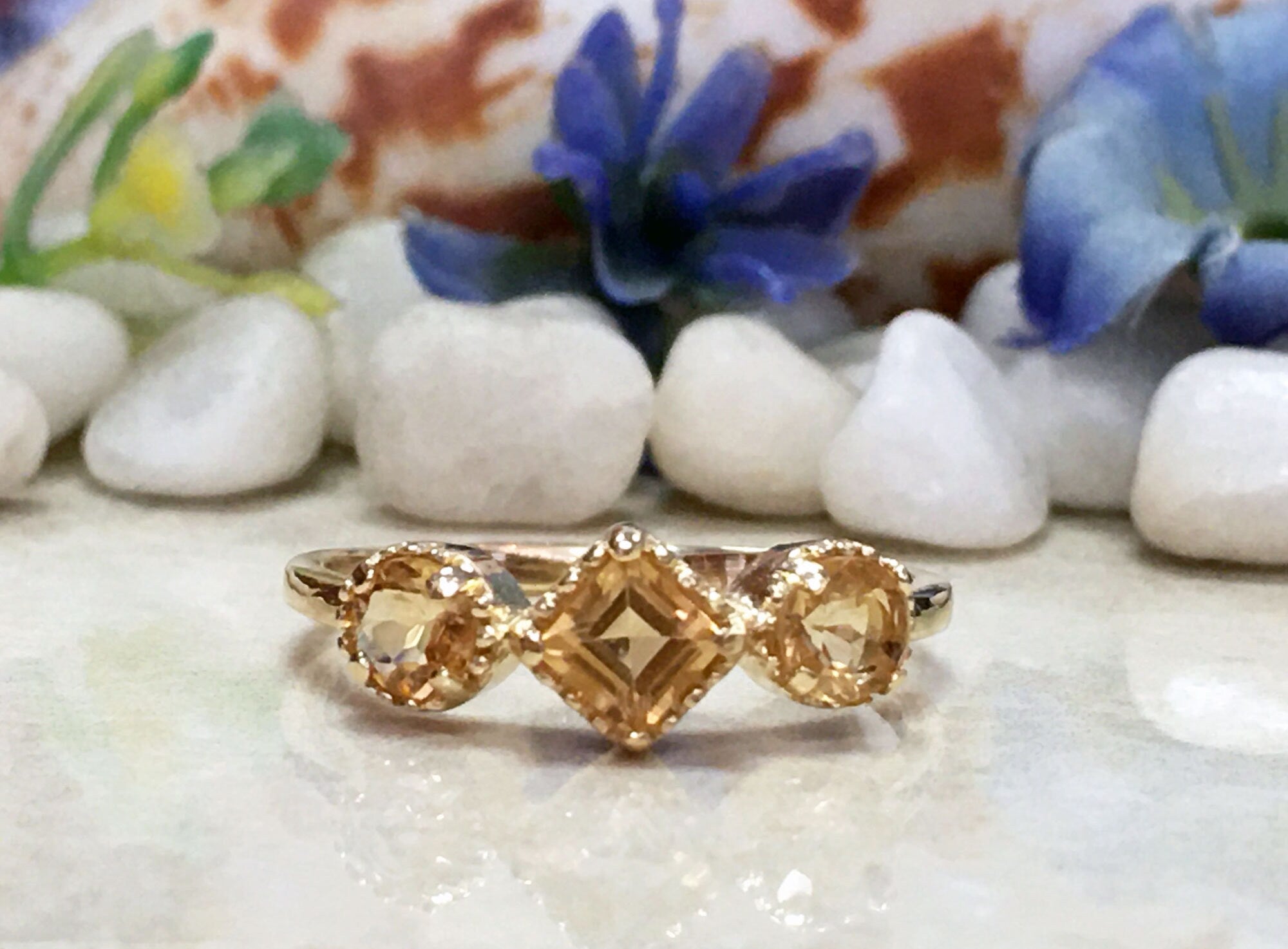 Citrine Ring - November Birthstone - Ring with Square Citrine Center Gemstone and Side Accents - H.L.Jewelry