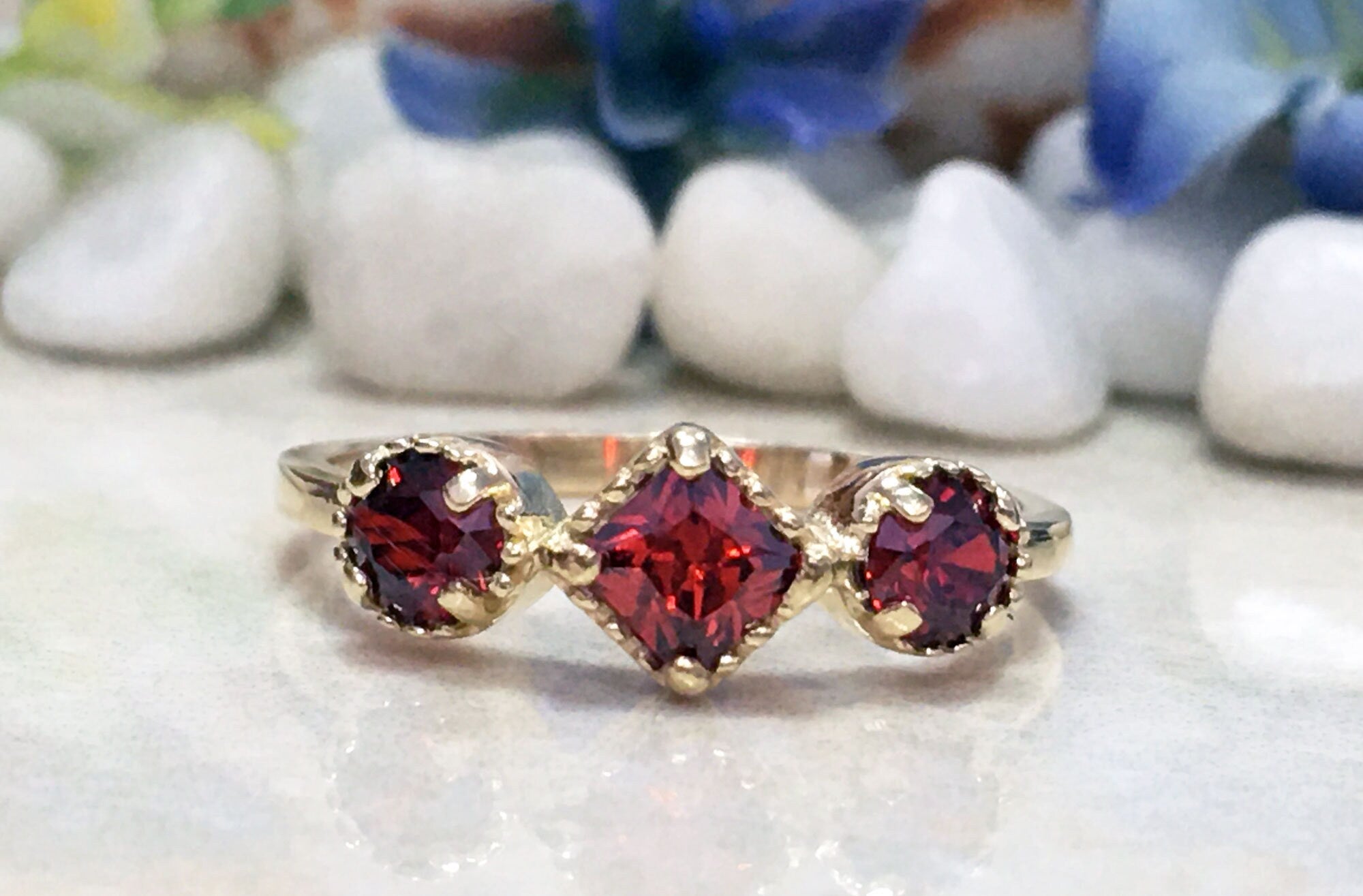 Red Garnet Ring - January Birthstone - Gold Ring - Gemstone Ring - Delicate Ring - Triple Ring - H.L.Jewelry