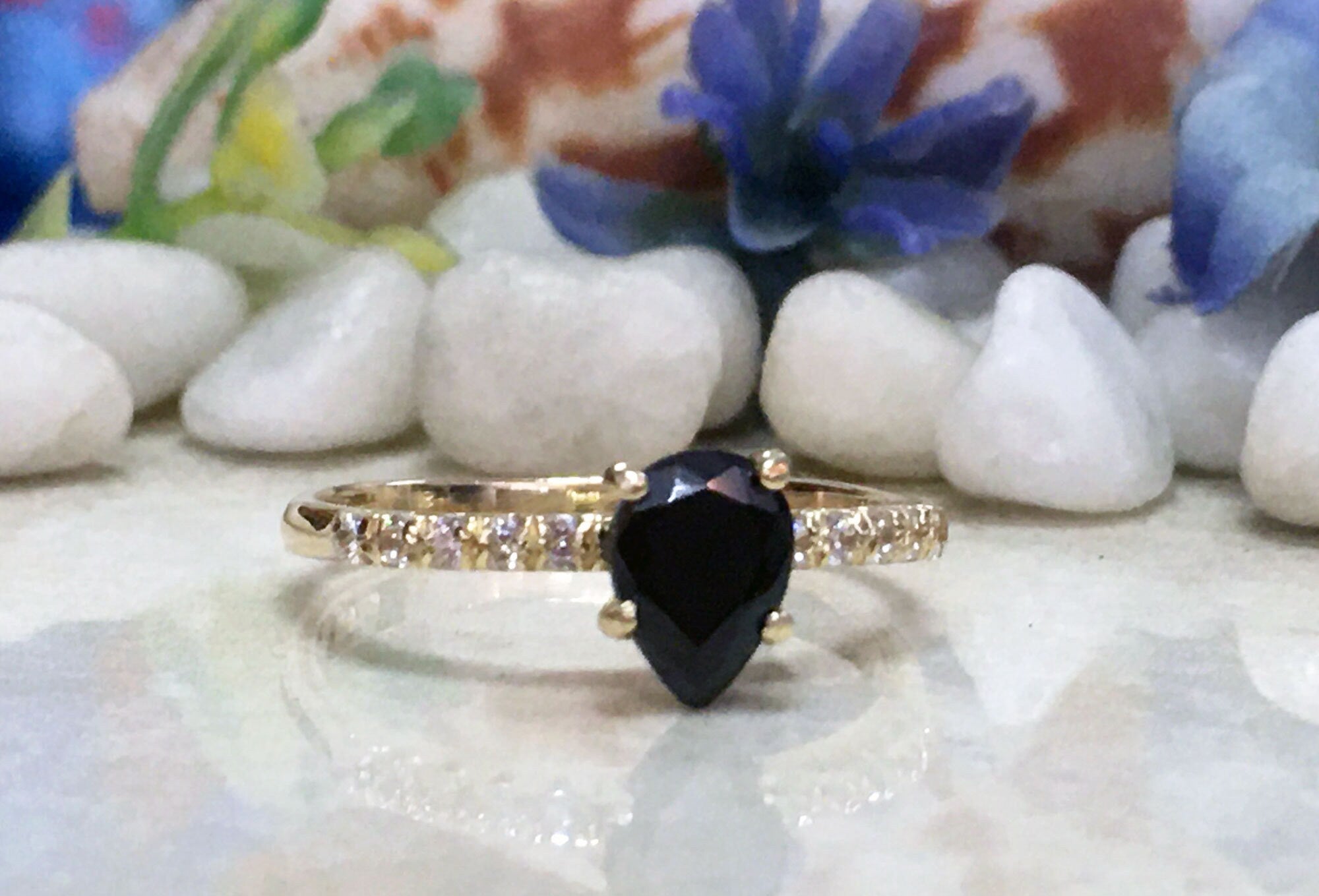 Black Onyx Ring - December Birthstone - Pear-Shaped Black Onyx Gemstone Delicate Ring with Clear Quartz Accents - H.L.Jewelry