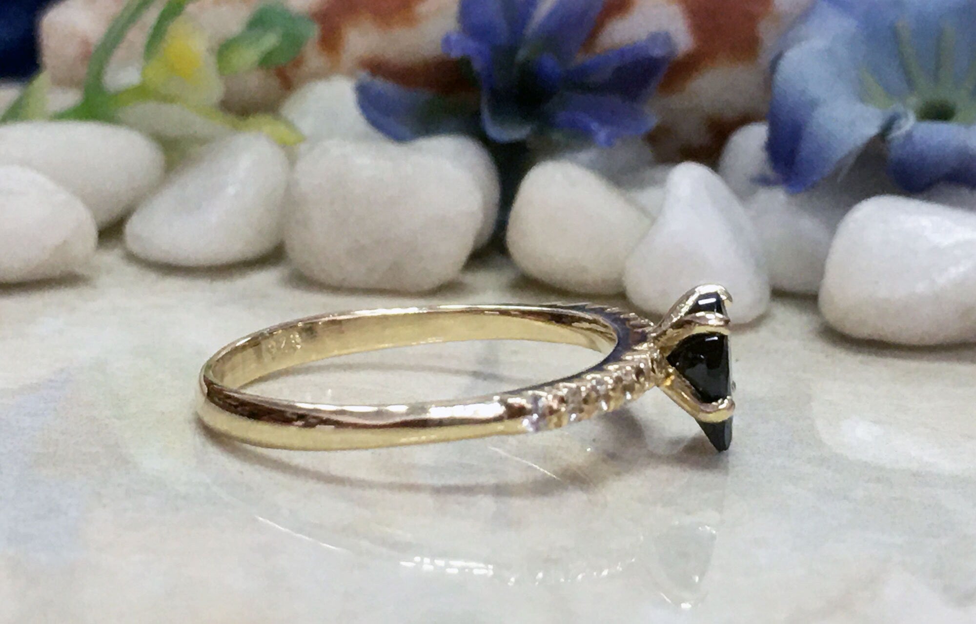 Black Onyx Ring - December Birthstone - Pear-Shaped Black Onyx Gemstone Delicate Ring with Clear Quartz Accents - H.L.Jewelry