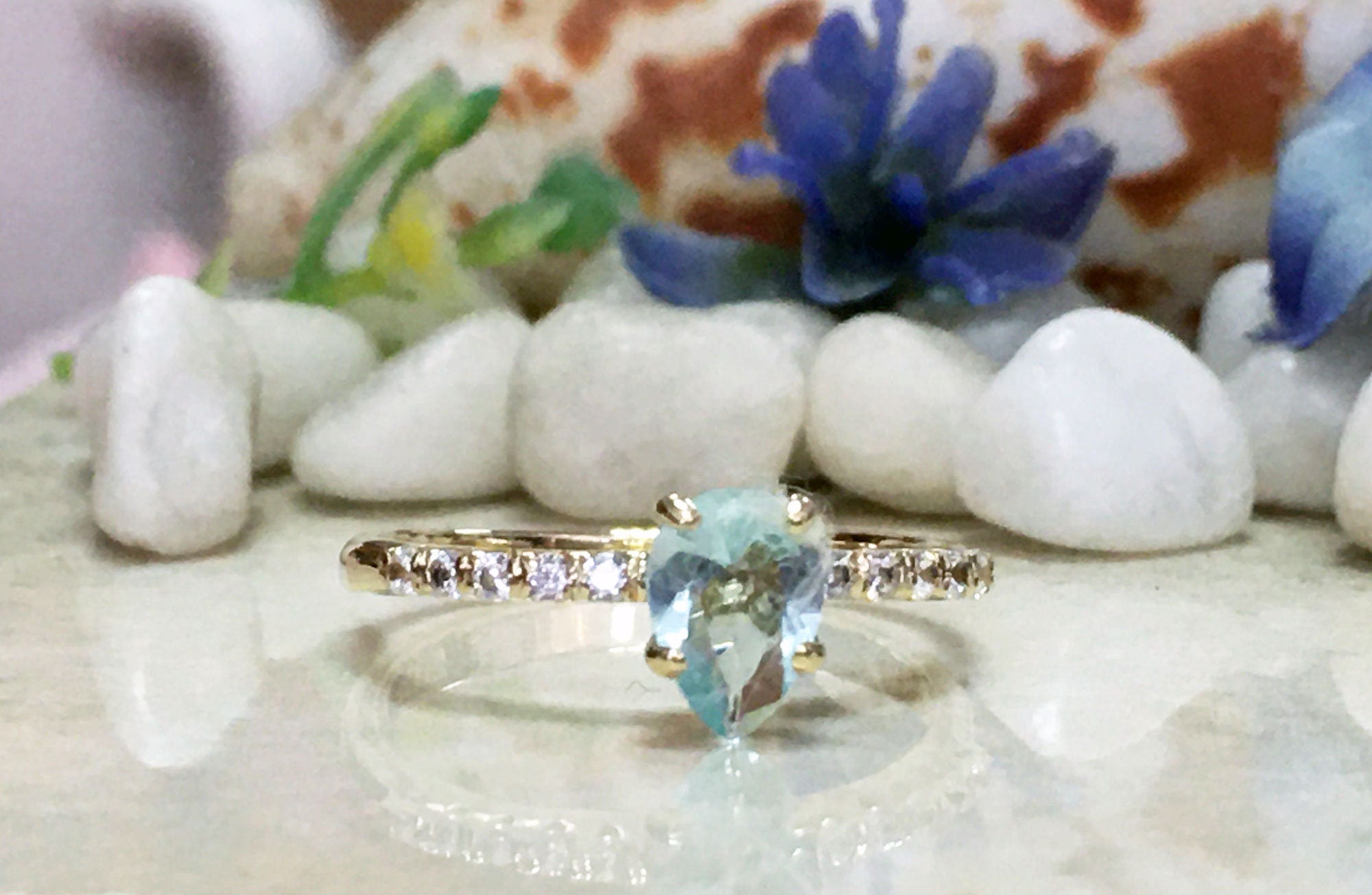 Aquamarine Ring - March Birthstone - Pear Shape Aquamarine Ring with Clear Quartz Accents - H.L.Jewelry