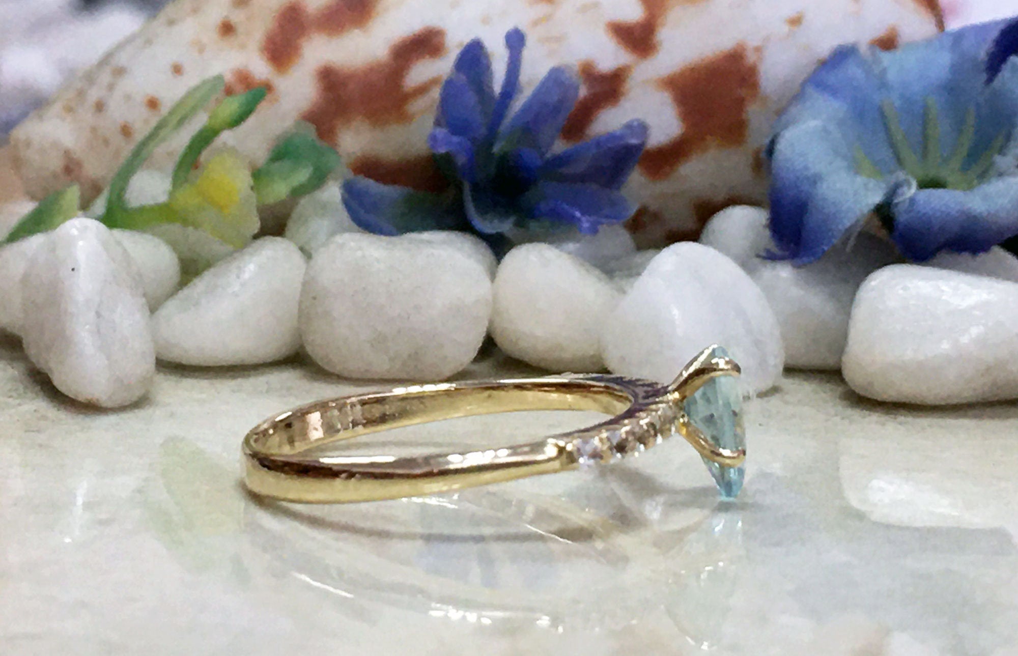 Aquamarine Ring - March Birthstone - Pear Shape Aquamarine Ring with Clear Quartz Accents - H.L.Jewelry