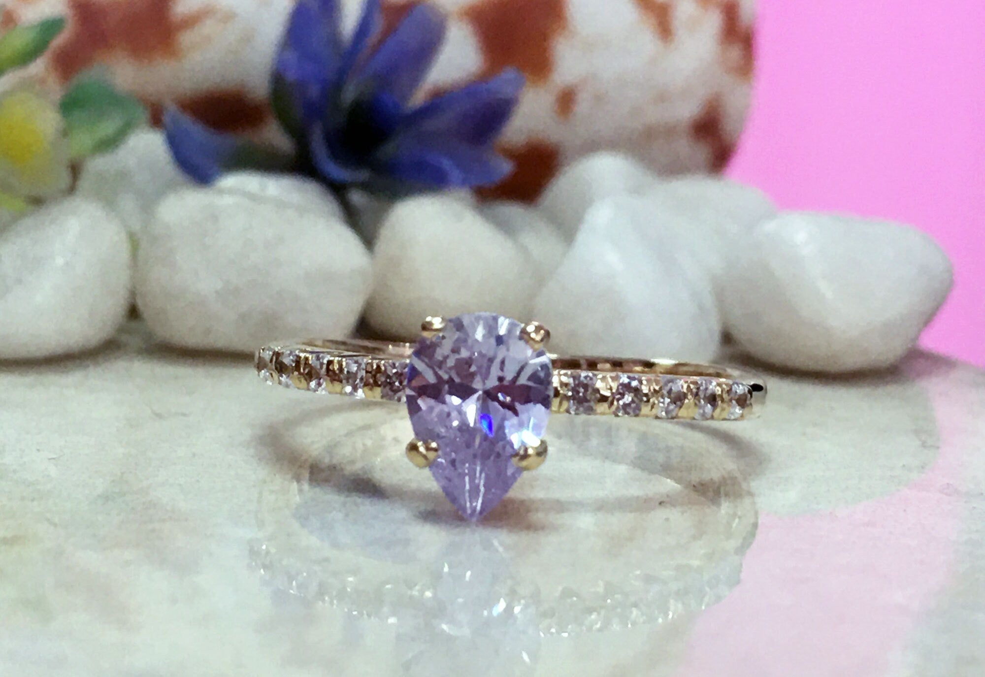 Lavender Amethyst Ring - Pear-Shaped Lavender Amethyst Ring with Clear Quartz Accents - H.L.Jewelry