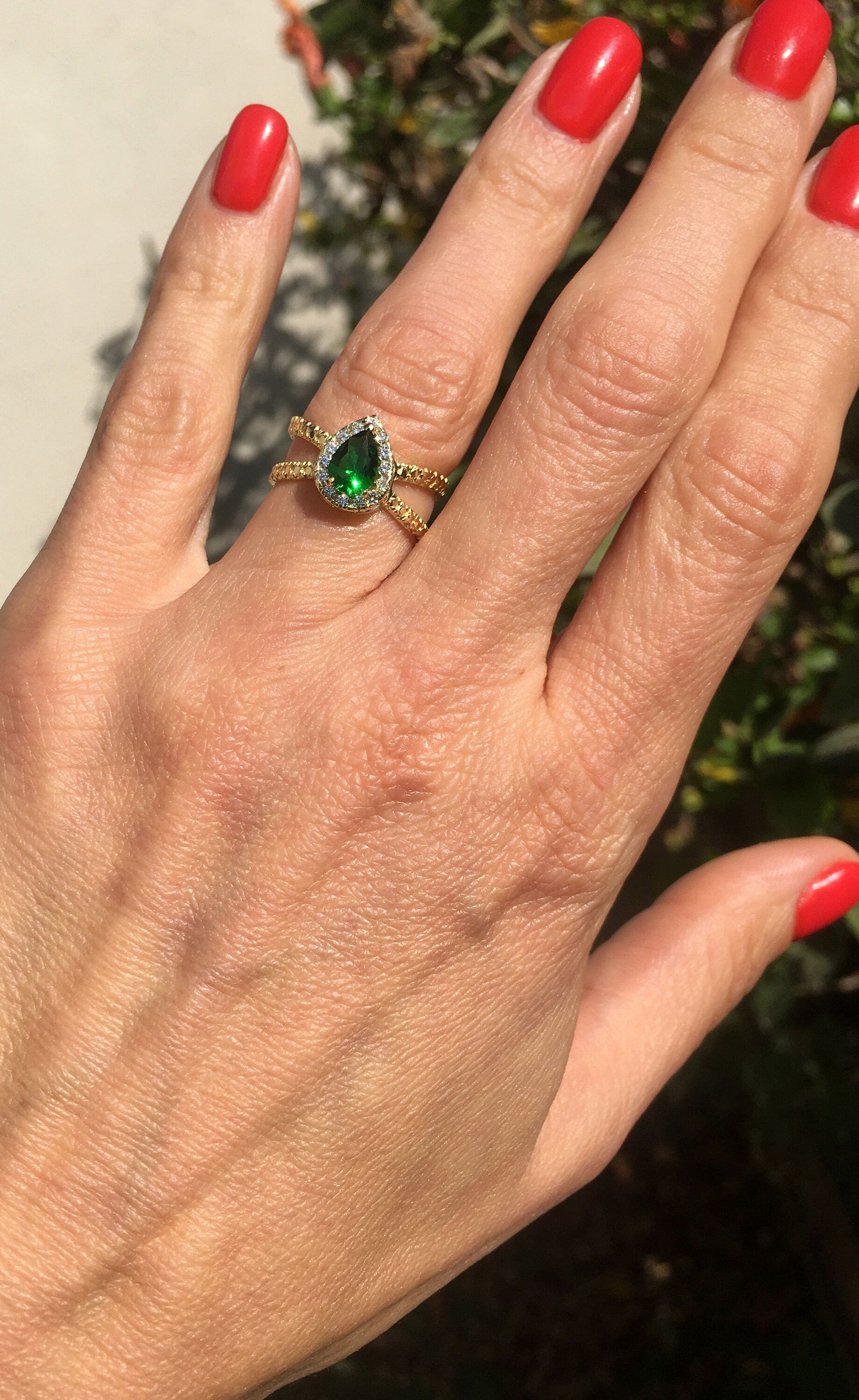 Emerald Ring - May Birthstone - Engagement Ring with Pear-Shaped Emerald Gemstone and Clear Quartz Halo - H.L.Jewelry