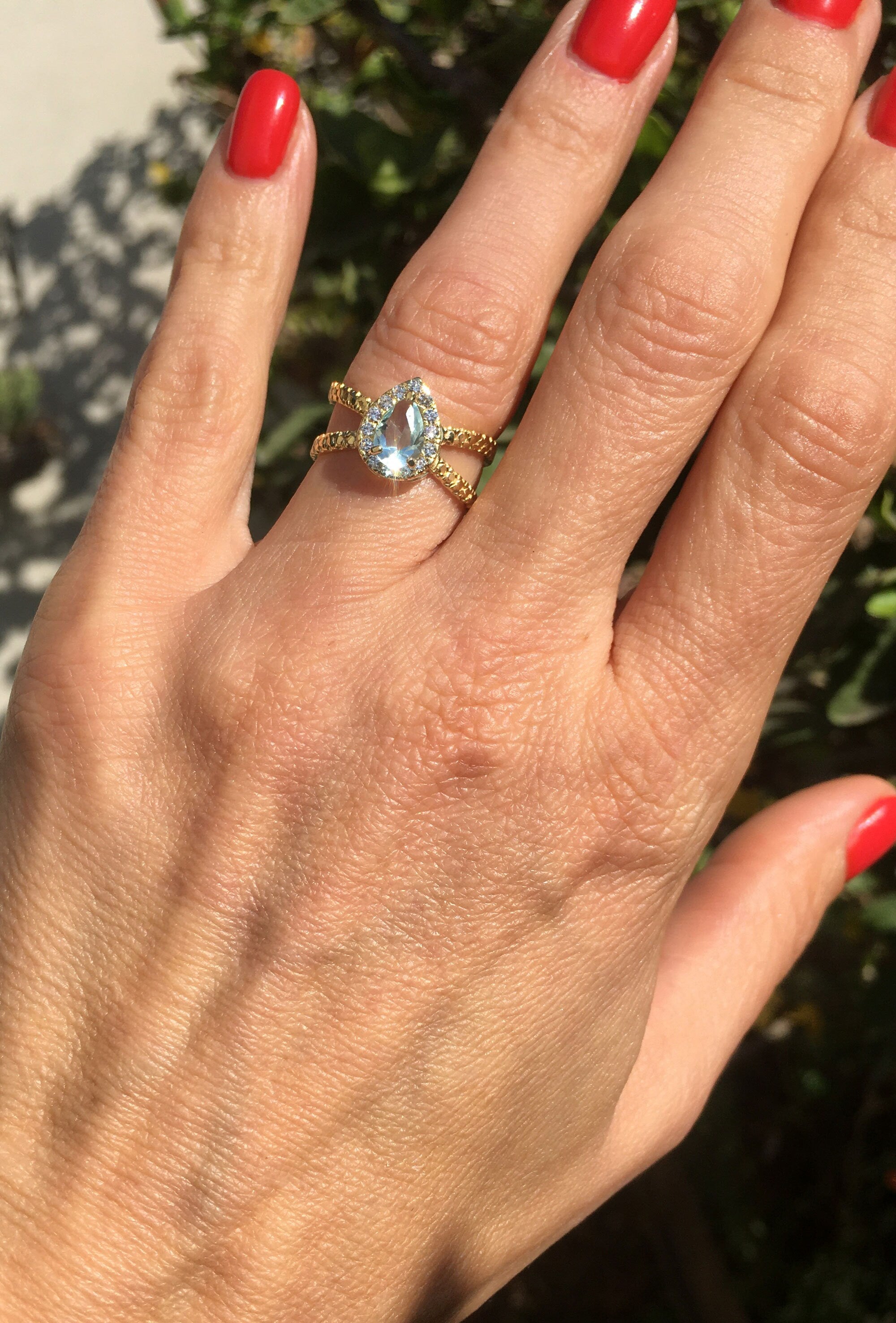 Aquamarine Ring - March Birthstone - Statement Ring with Pear-Shaped Aquamarine Gemstone and Clear Quartz Halo - H.L.Jewelry