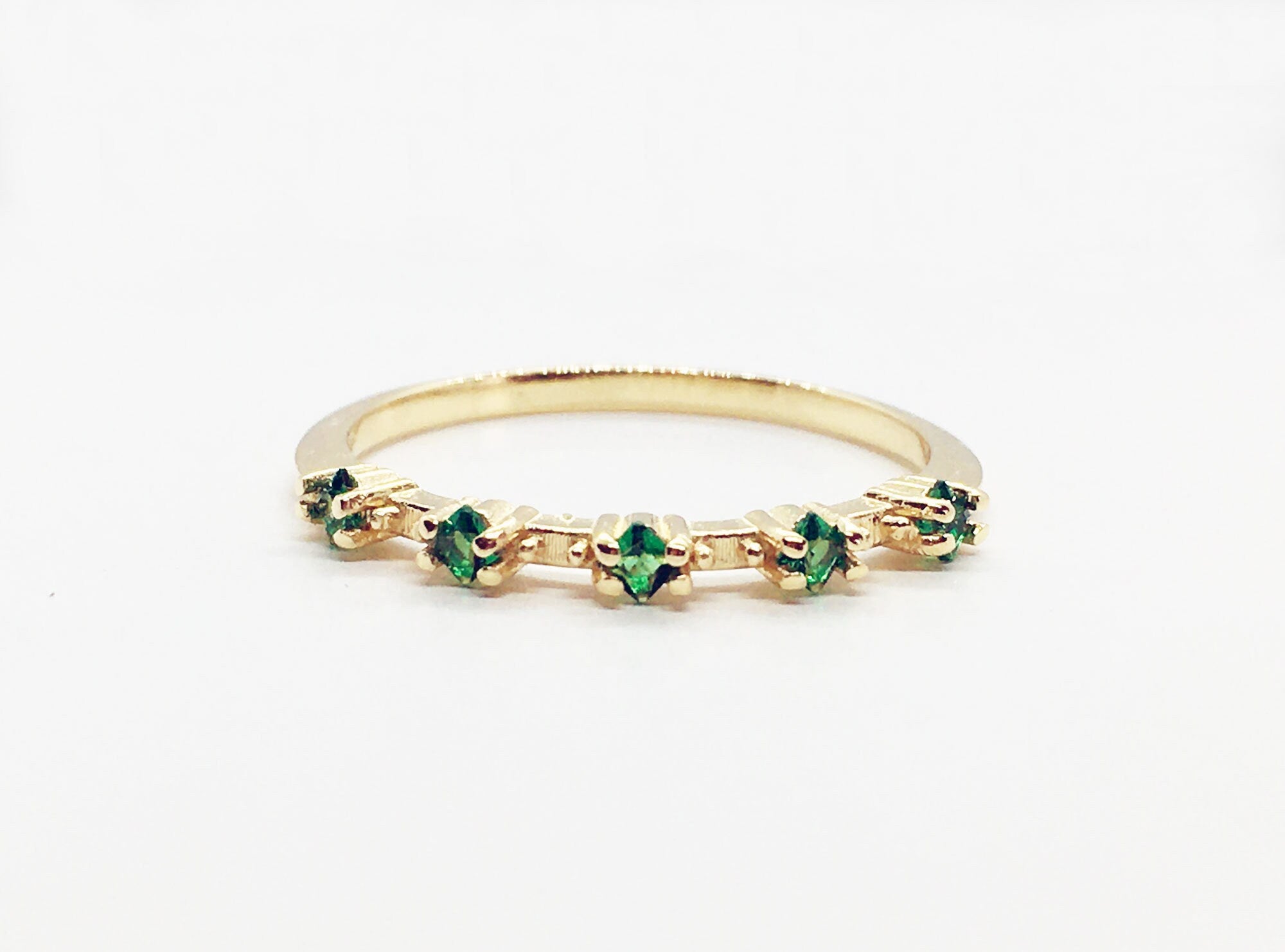 Emerald Ring - May Birthstone - Stacking Ring with Five Square Emerald Gemstones - H.L.Jewelry