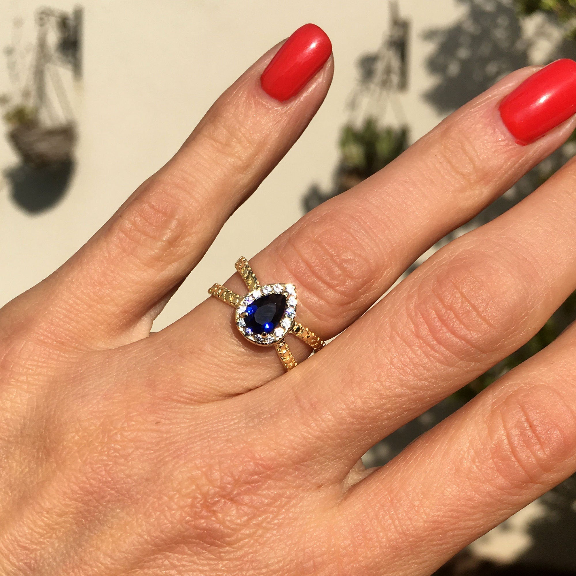 Blue Sapphire Ring - September Birthstone - Engagement Ring with Pear Shape Blue Sapphire Center Stone and Clear Quartz Halo - H.L.Jewelry