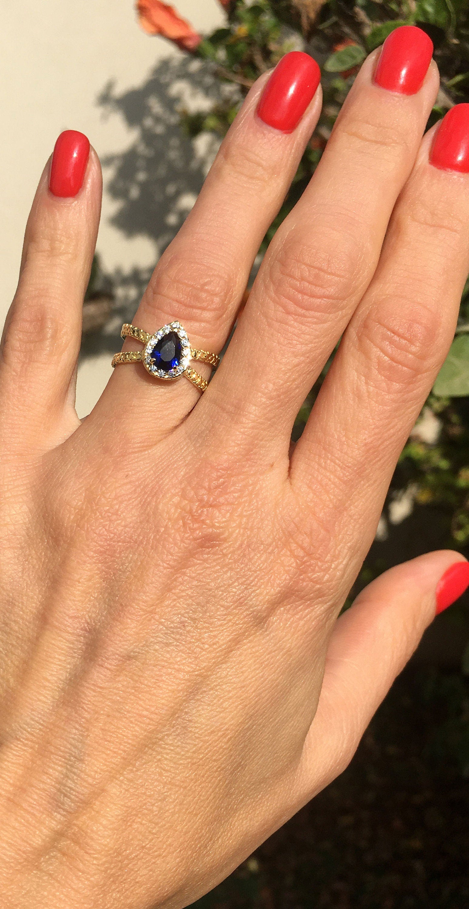 Blue Sapphire Ring - September Birthstone - Engagement Ring with Pear Shape Blue Sapphire Center Stone and Clear Quartz Halo - H.L.Jewelry