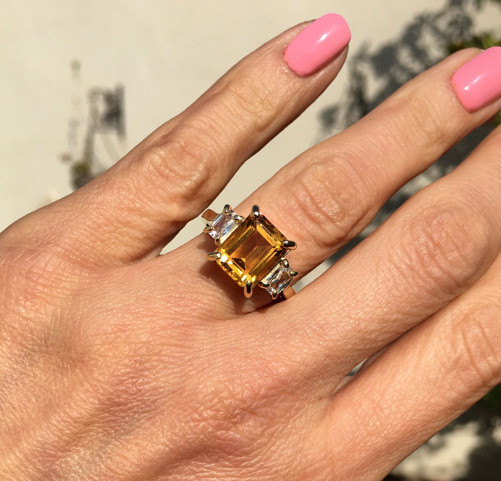 Citrine ring - November Birthstone - Octagon Citrine Gemstone Statement Engagement Ring with Clear Quartz Accents - H.L.Jewelry