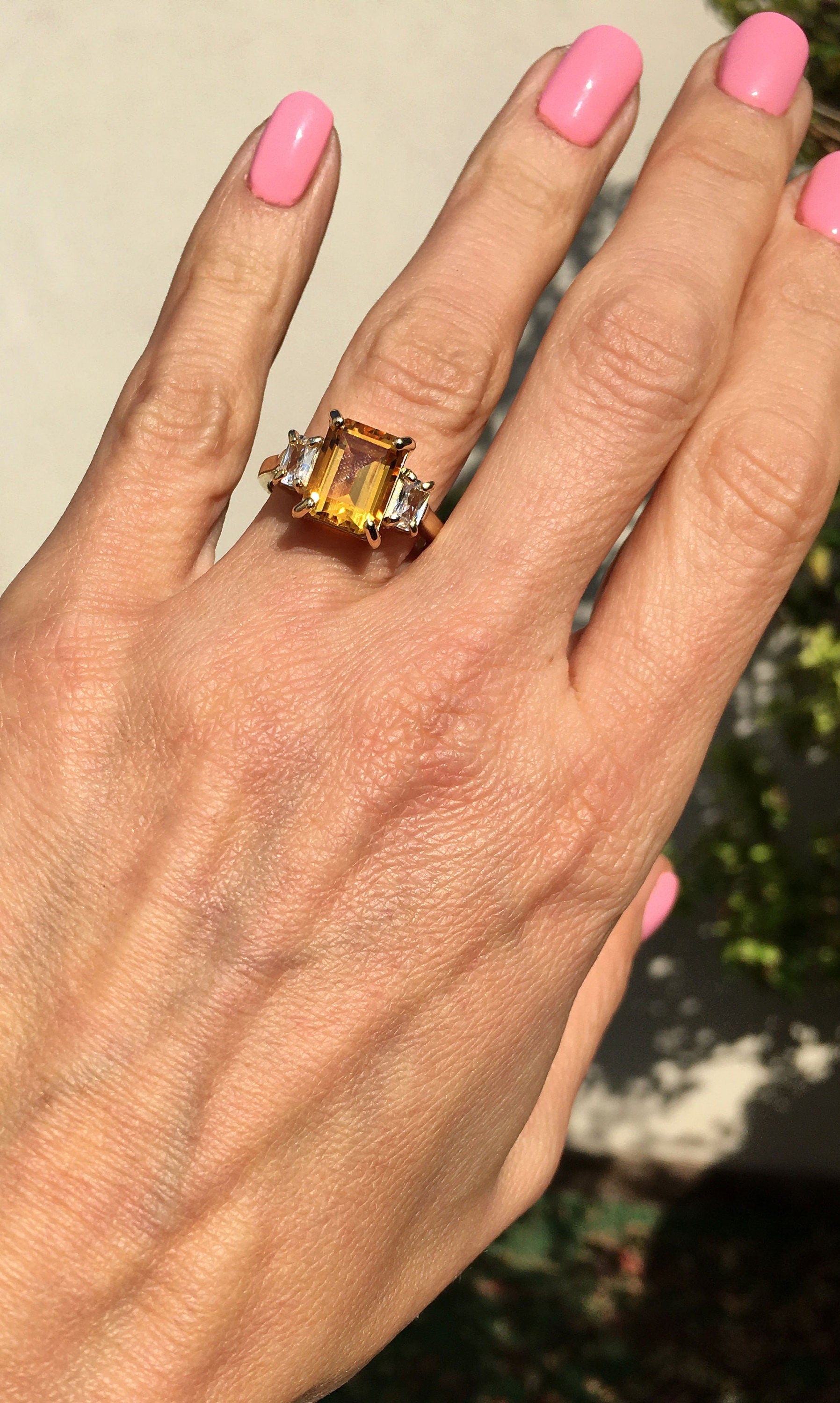 Citrine ring - November Birthstone - Octagon Citrine Gemstone Statement Engagement Ring with Clear Quartz Accents - H.L.Jewelry