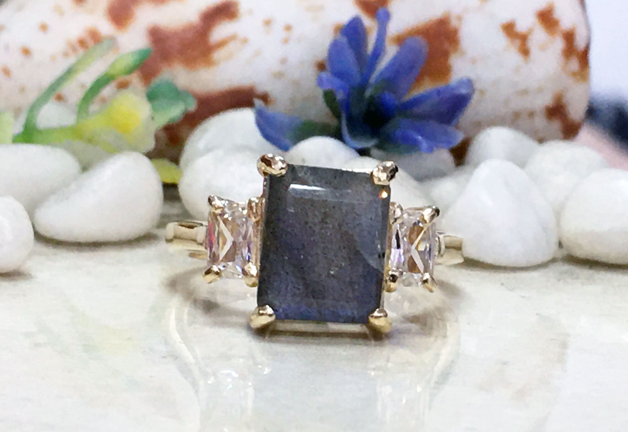 Labradorite Ring - Statement Engagement Ring with Octagon Labradorite Gemstone and Clear Quartz Accents - H.L.Jewelry