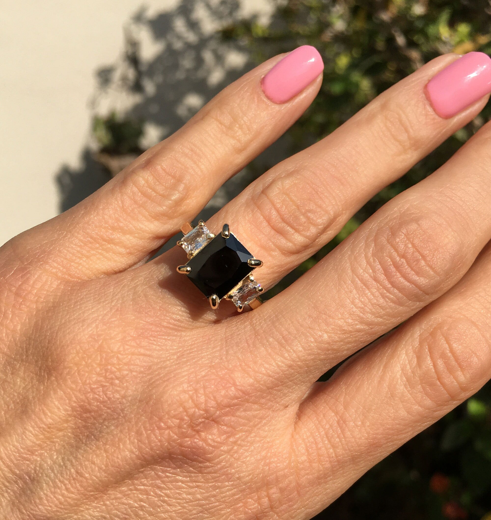 Black Onyx Ring - December Birthstone - Statement Engagement Ring with Octagon Black Onyx Gemstone and Clear Quartz Accents - H.L.Jewelry