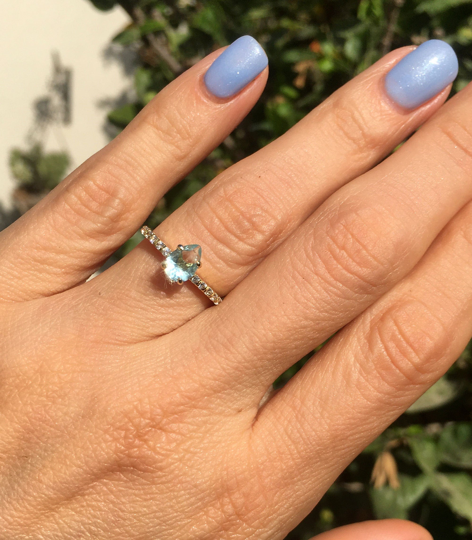 Aquamarine Ring - March Birthstone - Pear Shape Aquamarine Ring with Clear Quartz Accents - H.L.Jewelry