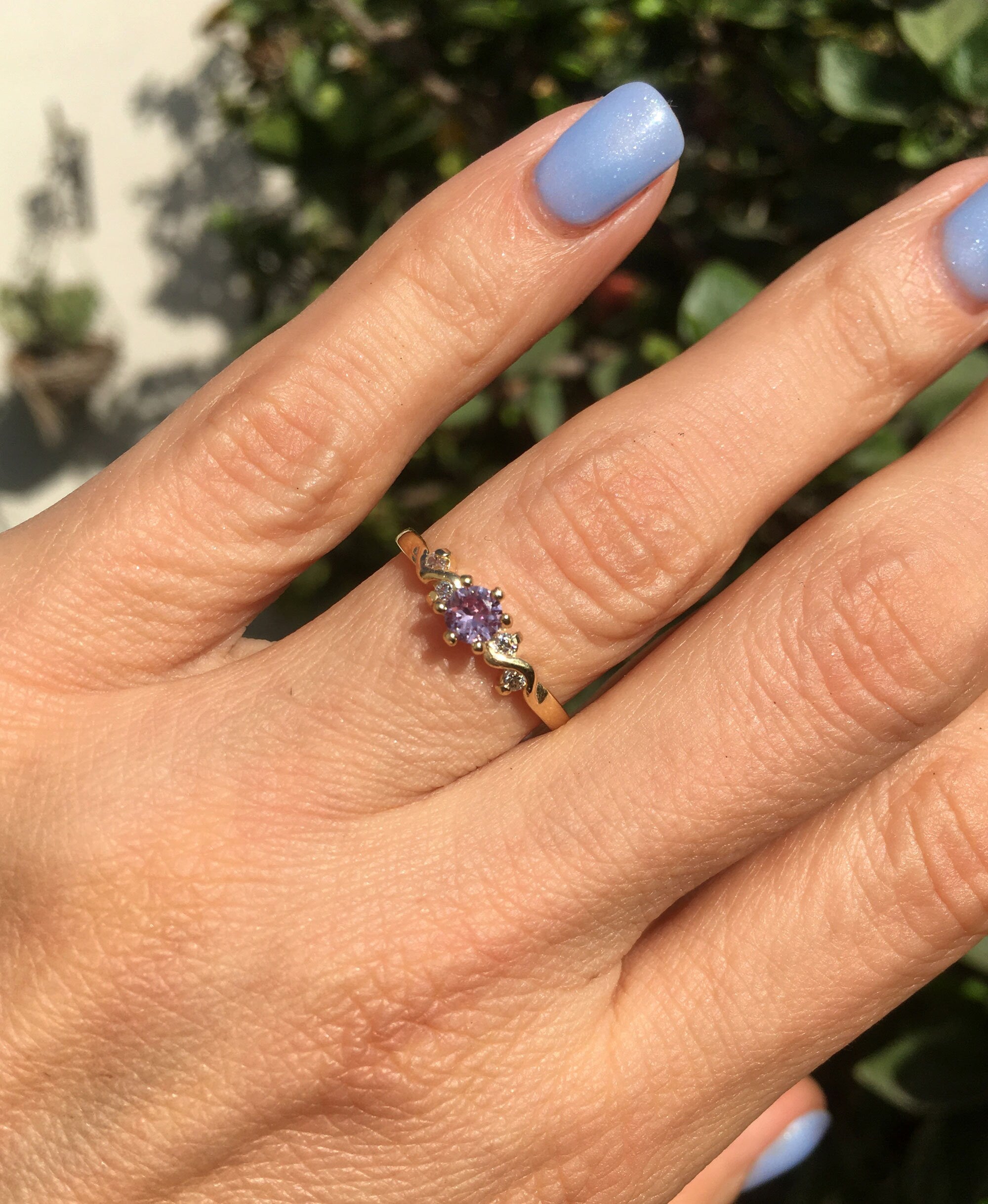 Alexandrite Ring - June Birthstone - Tiny Delicate Ring with Round Alexandrite Gemstone and Clear Quartz Accents - H.L.Jewelry