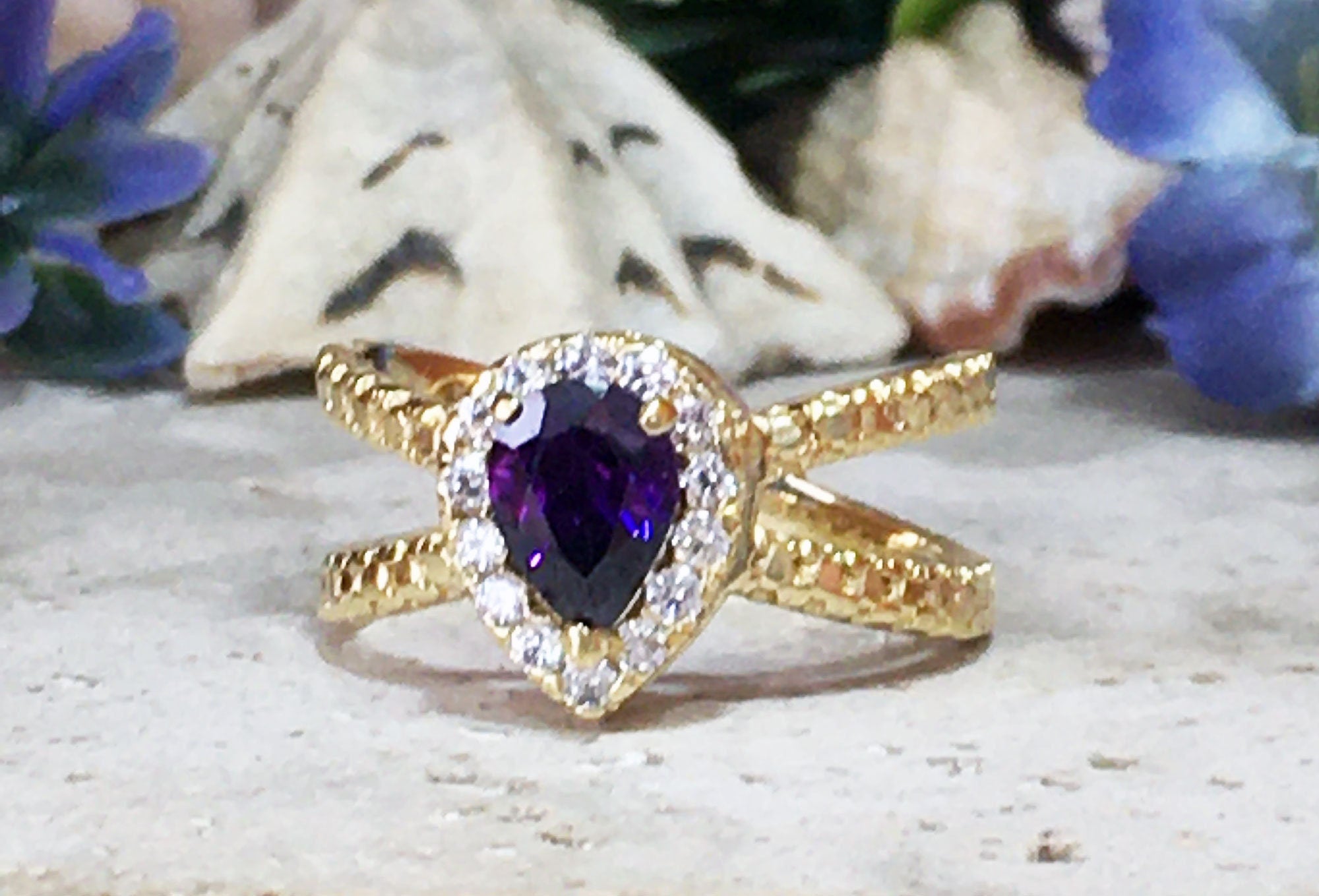 Purple Amethyst Ring - February Birthstone - Pear-Shaped Purple Amethyst Gemstone Statement Engagement Ring with Clear Quartz Halo - H.L.Jewelry