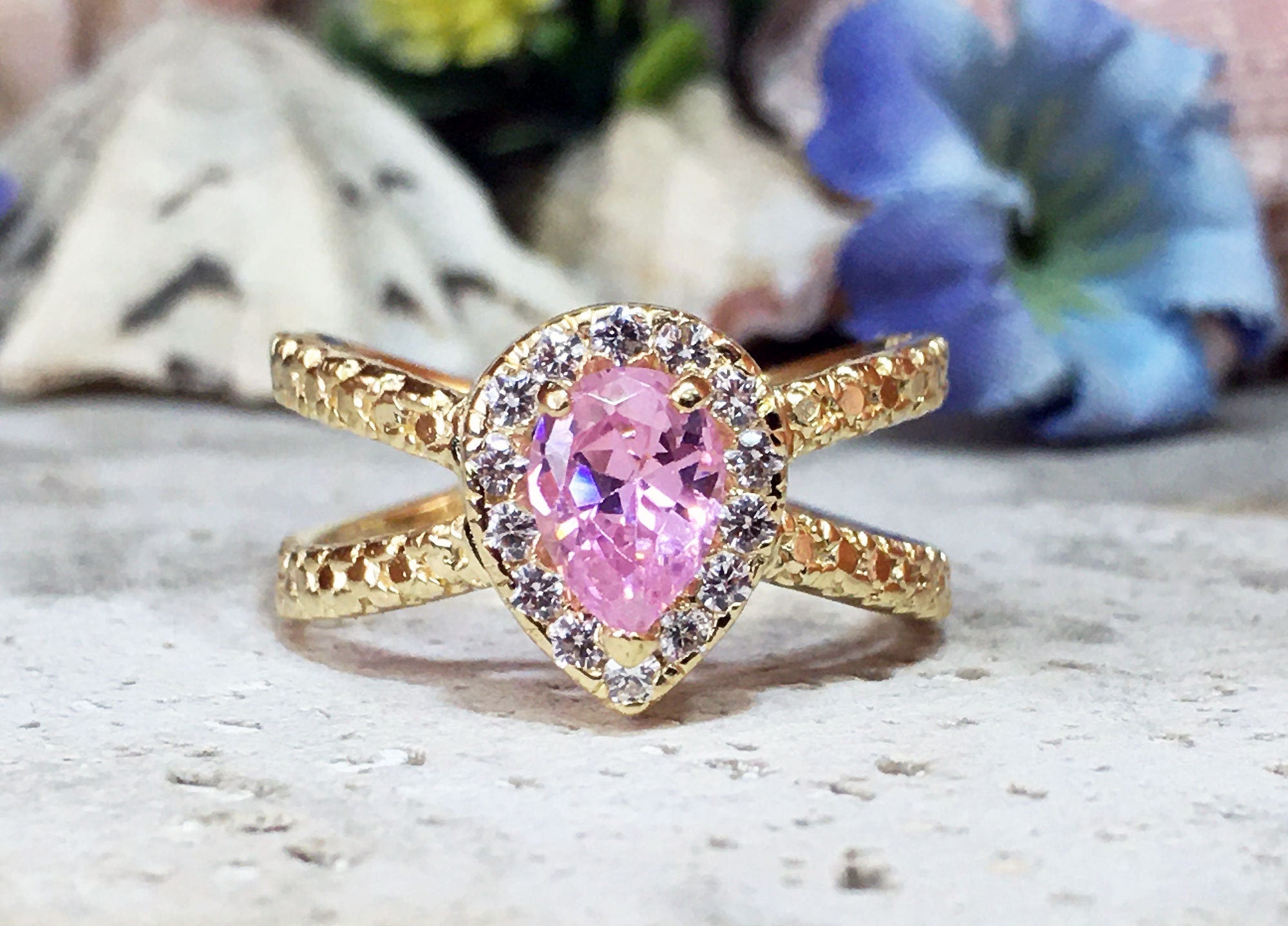 Rose Quartz Ring - October Birthstone - Statement Ring - Gold Ring - Engagement Ring - Teardrop Ring - H.L.Jewelry