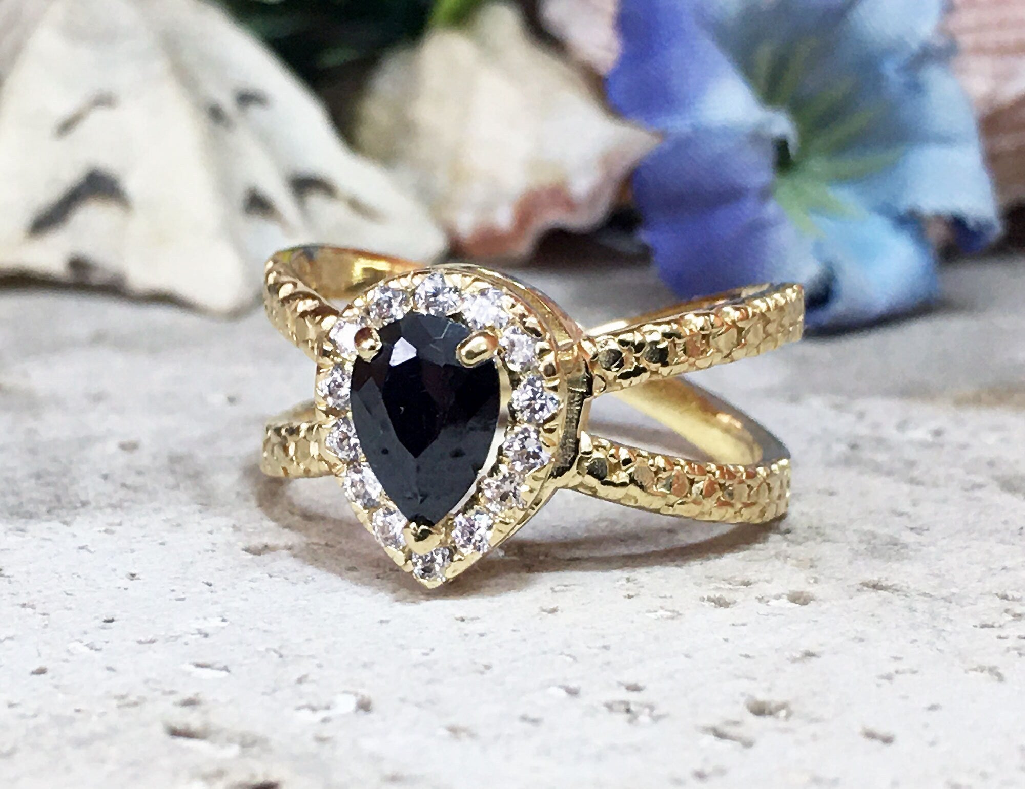 Black Onyx Ring - December Birthstone - Engagement Ring with Pear Shape Black Onyx Center Stone and Clear Quartz Halo - H.L.Jewelry