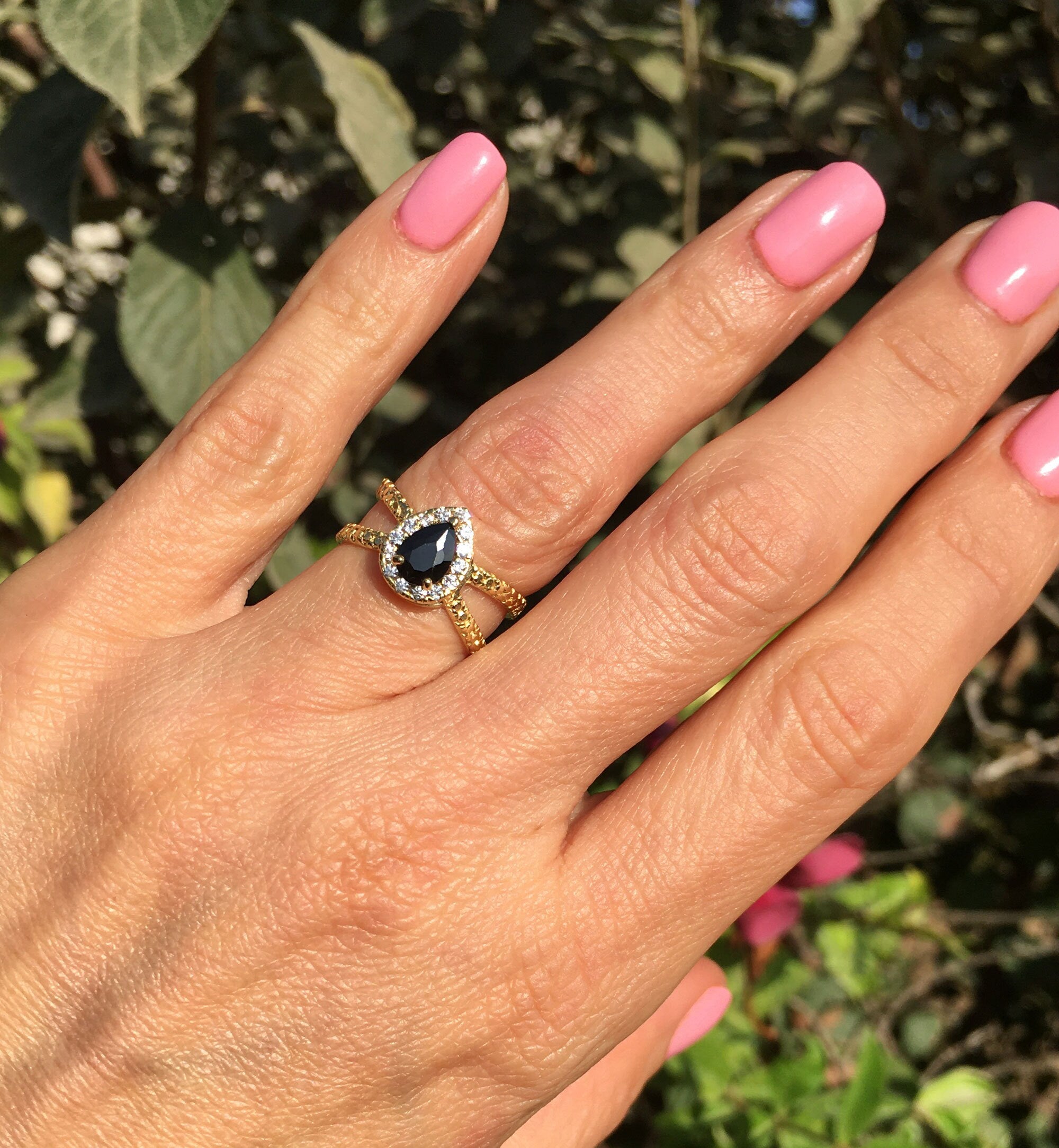 Black Onyx Ring - December Birthstone - Engagement Ring with Pear Shape Black Onyx Center Stone and Clear Quartz Halo - H.L.Jewelry