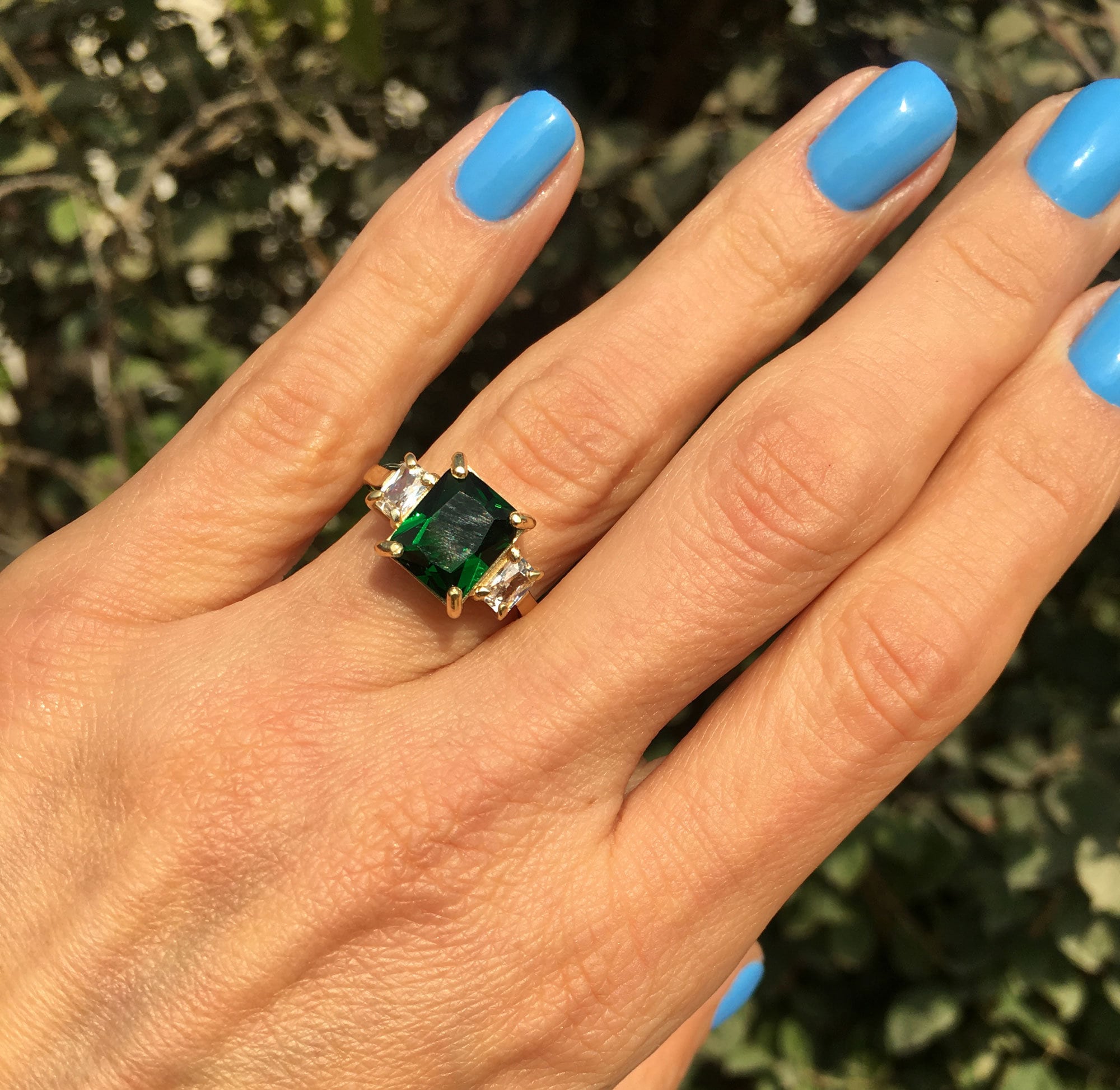 Emerald Ring - May Birthstone - Statement Engagement Ring with Octagon Emerald Gemstone and Clear Quartz Accents - H.L.Jewelry