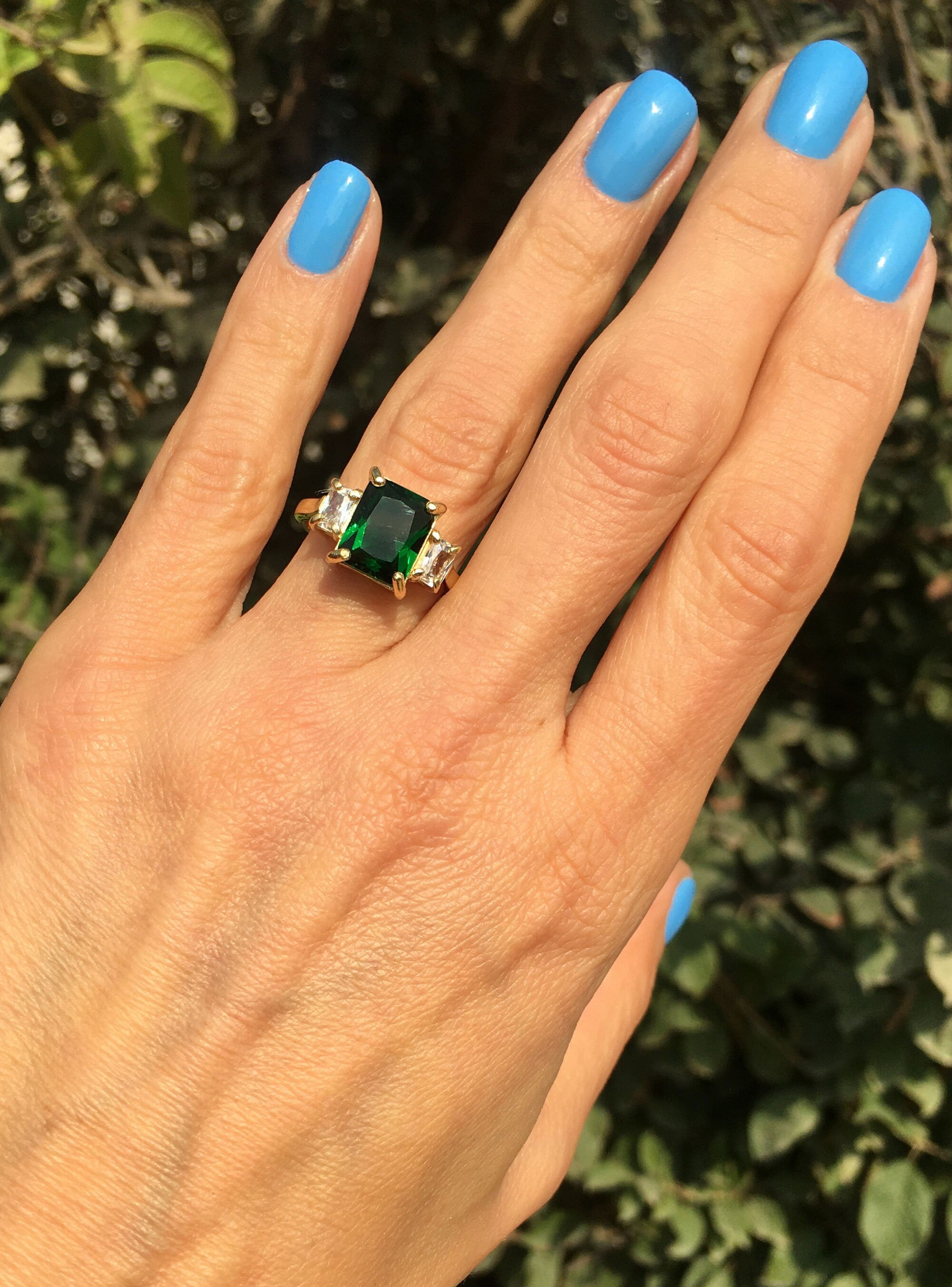 Emerald Ring - May Birthstone - Statement Engagement Ring with Octagon Emerald Gemstone and Clear Quartz Accents - H.L.Jewelry