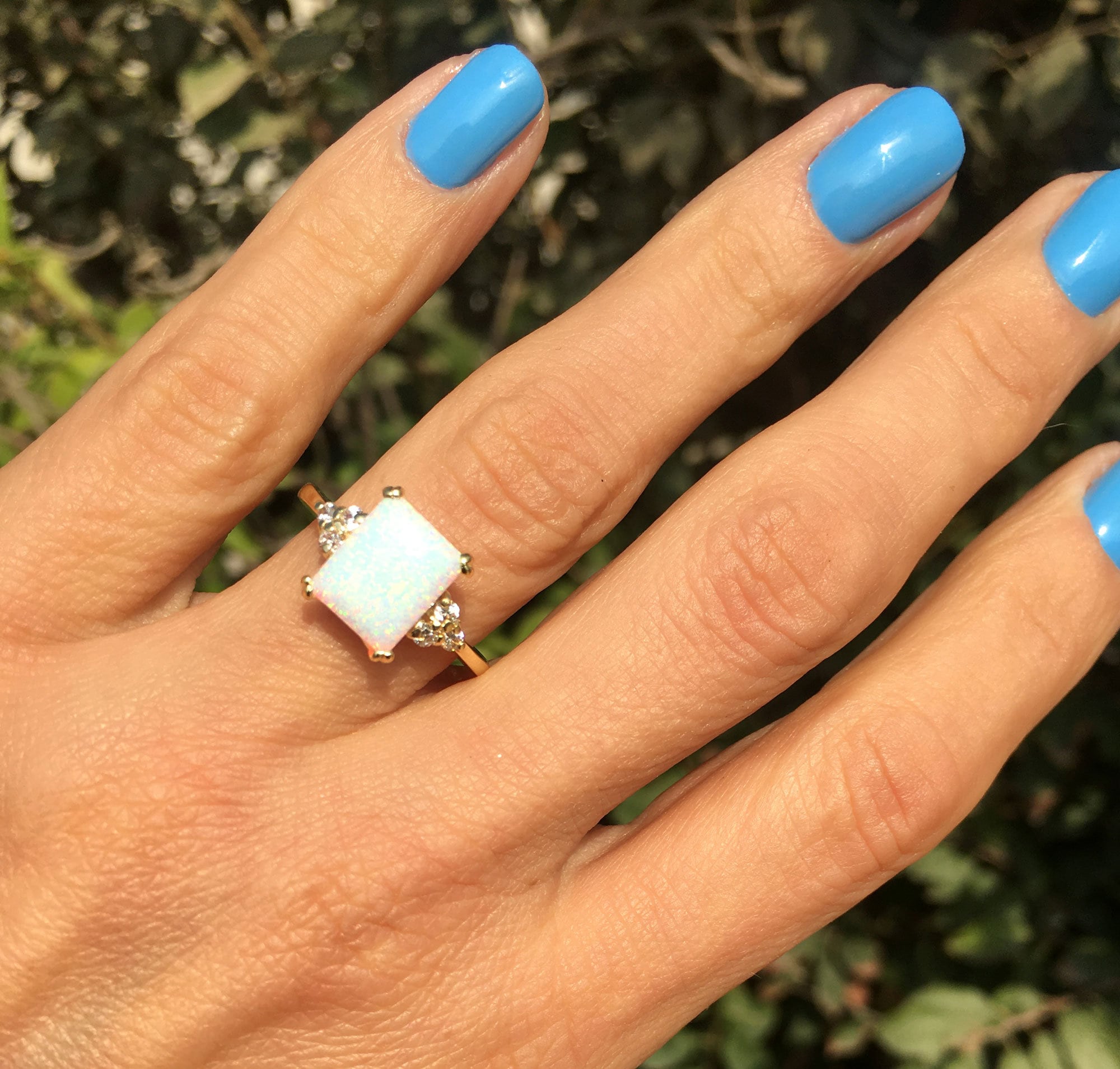 White Opal Ring - Octagon White Opal Gemstone Statement Engagement Ring with Clear Quartz Accents - H.L.Jewelry