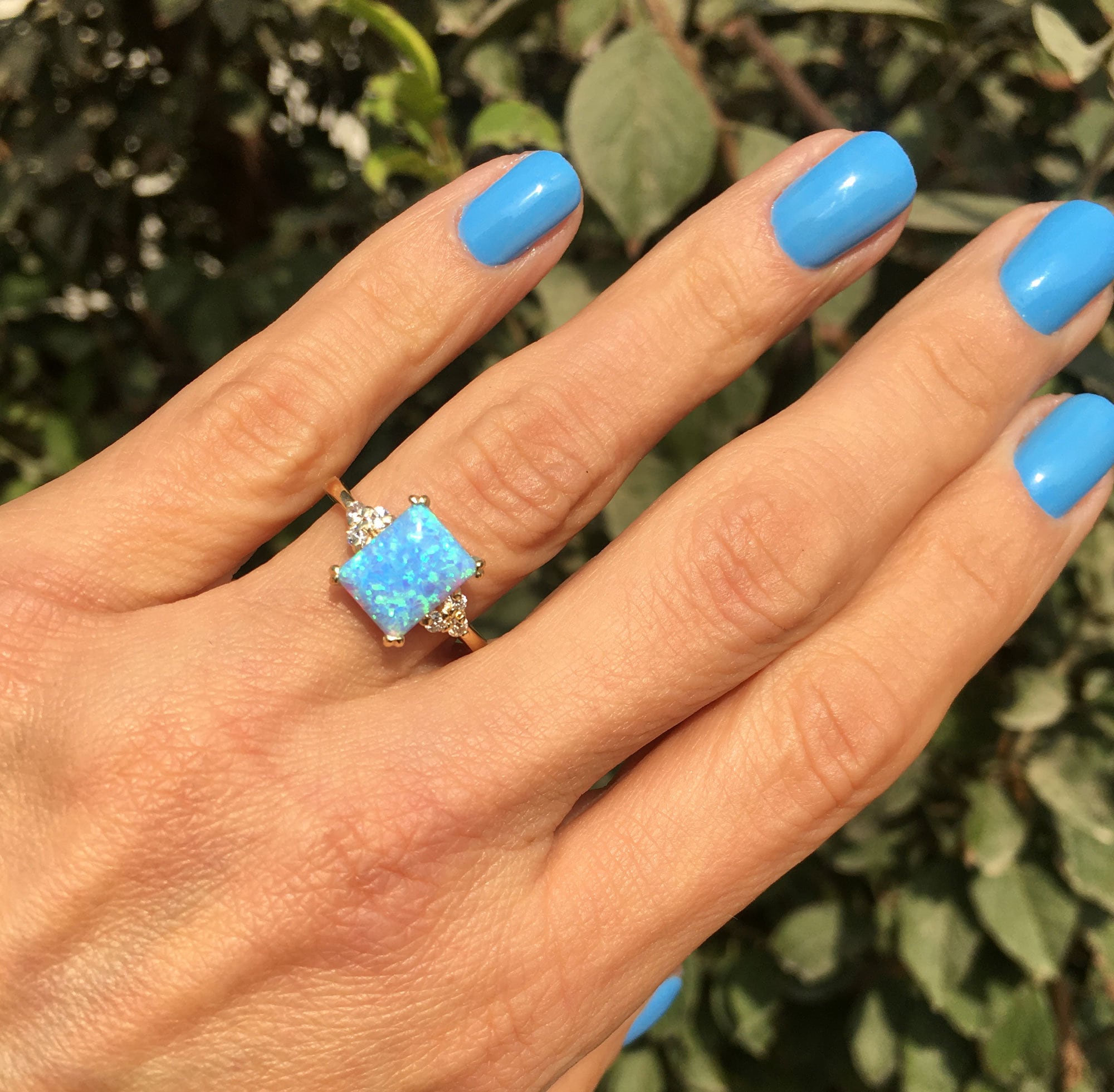 Blue Opal Ring - October Birthstone - Octagon Blue Opal Gemstone Statement Engagement Ring with Clear Quartz Accents - H.L.Jewelry