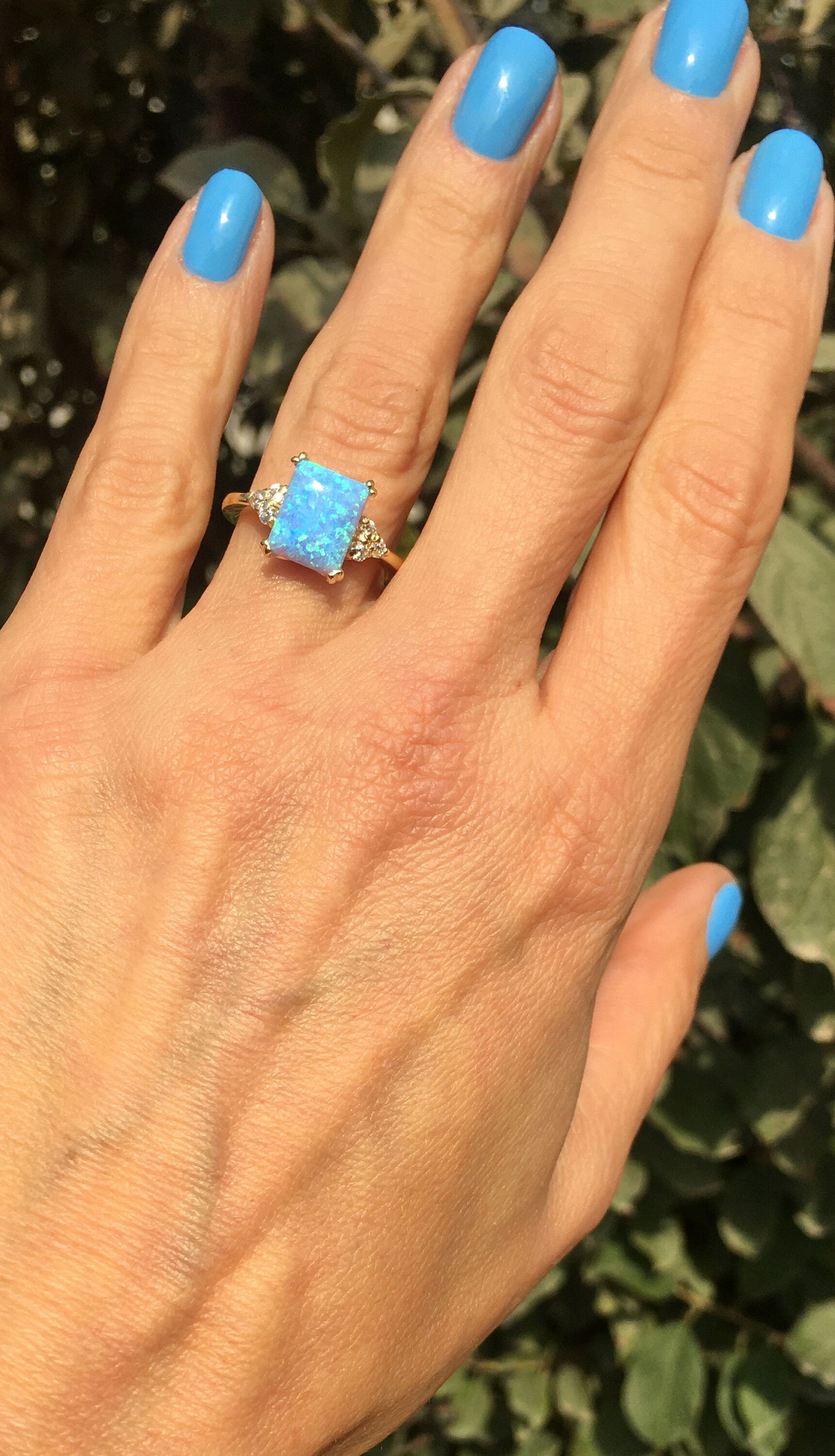 Blue Opal Ring - October Birthstone - Octagon Blue Opal Gemstone Statement Engagement Ring with Clear Quartz Accents - H.L.Jewelry