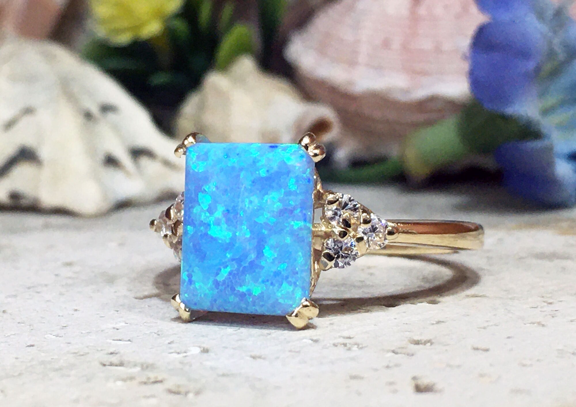 Blue Opal Ring - October Birthstone - Octagon Blue Opal Gemstone Statement Engagement Ring with Clear Quartz Accents - H.L.Jewelry