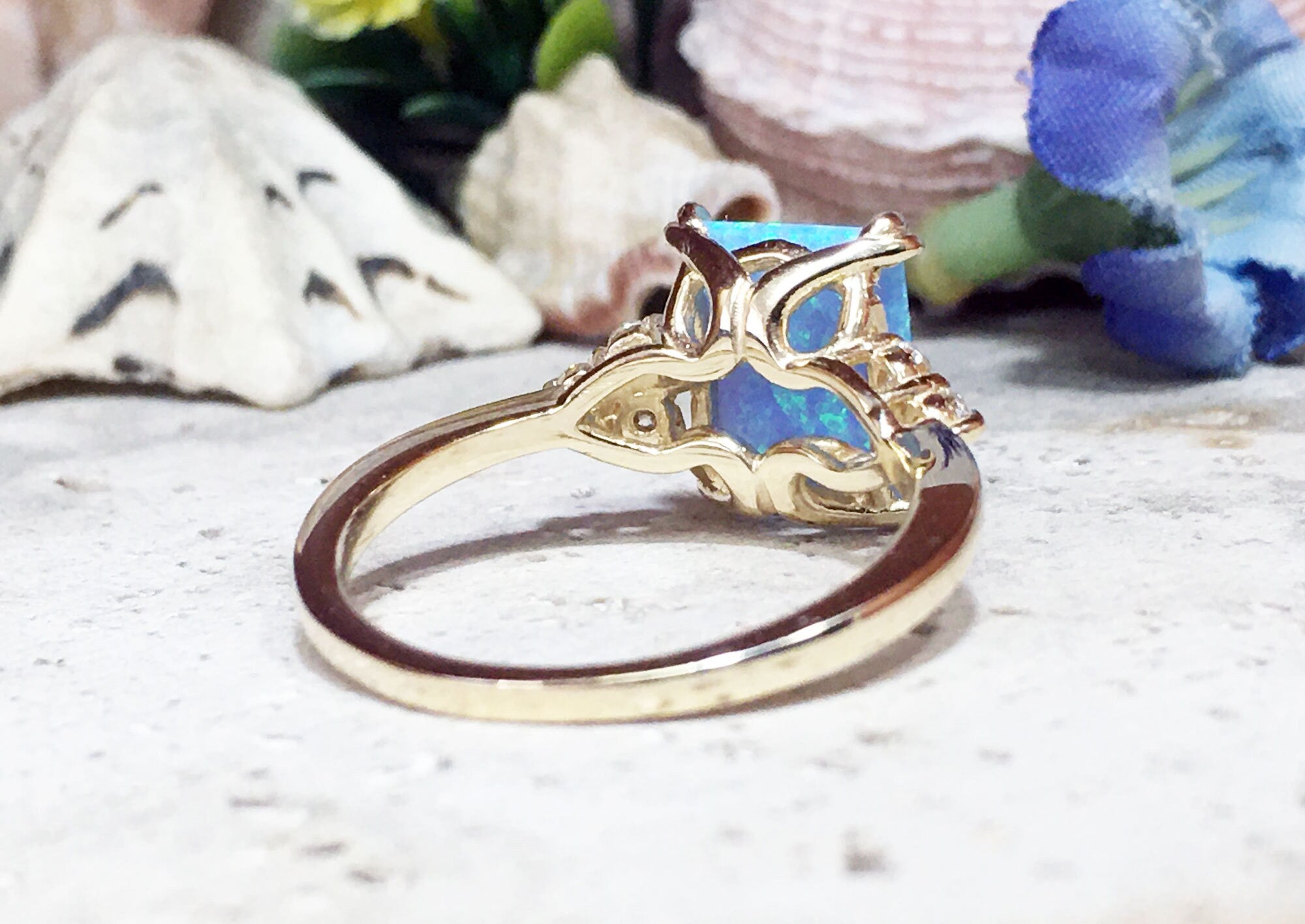 Blue Opal Ring - October Birthstone - Octagon Blue Opal Gemstone Statement Engagement Ring with Clear Quartz Accents - H.L.Jewelry