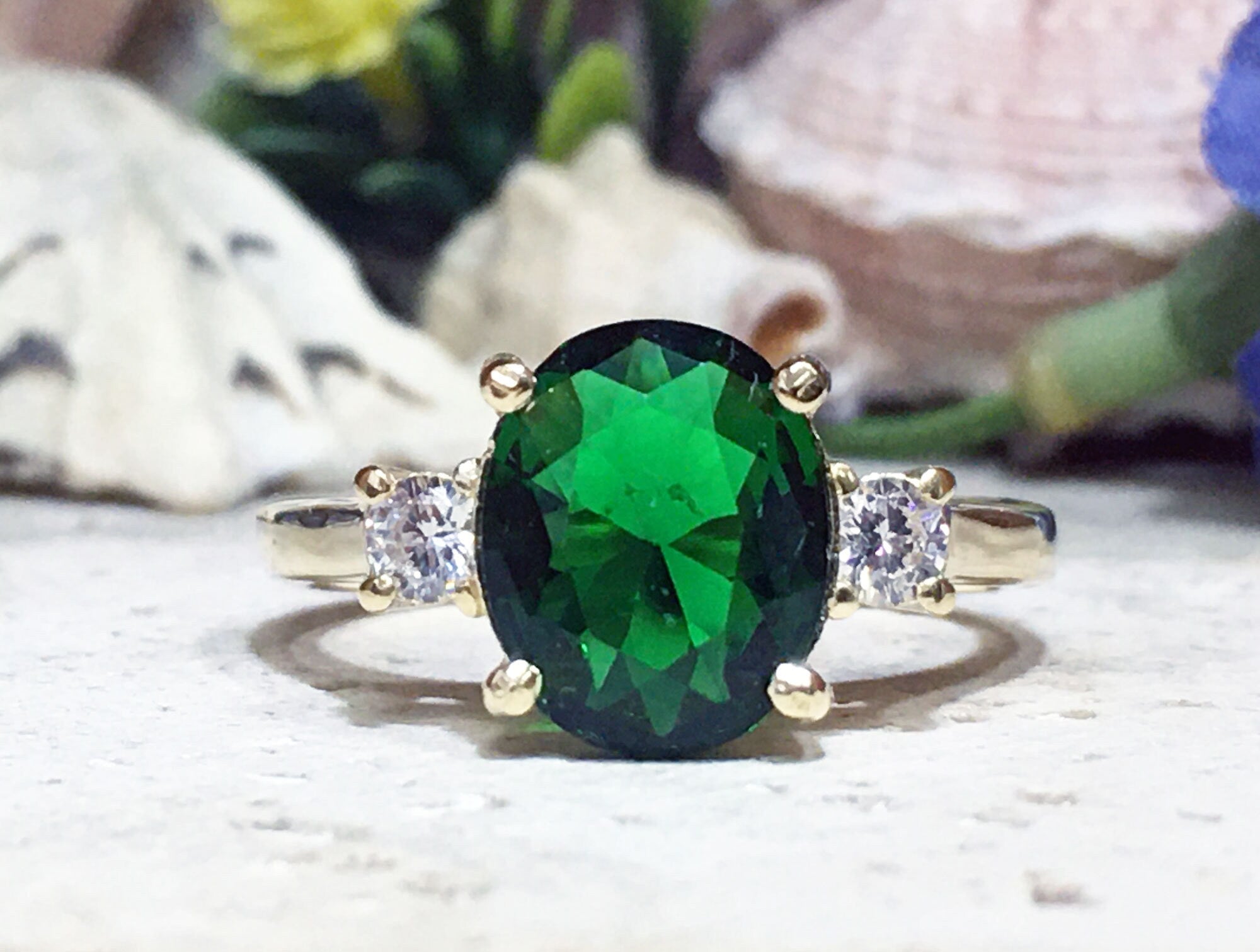 Emerald Ring - May Birthstone - Statement Engagement Ring with Oval Emerald Gemstone and Clear Quartz Accents - H.L.Jewelry