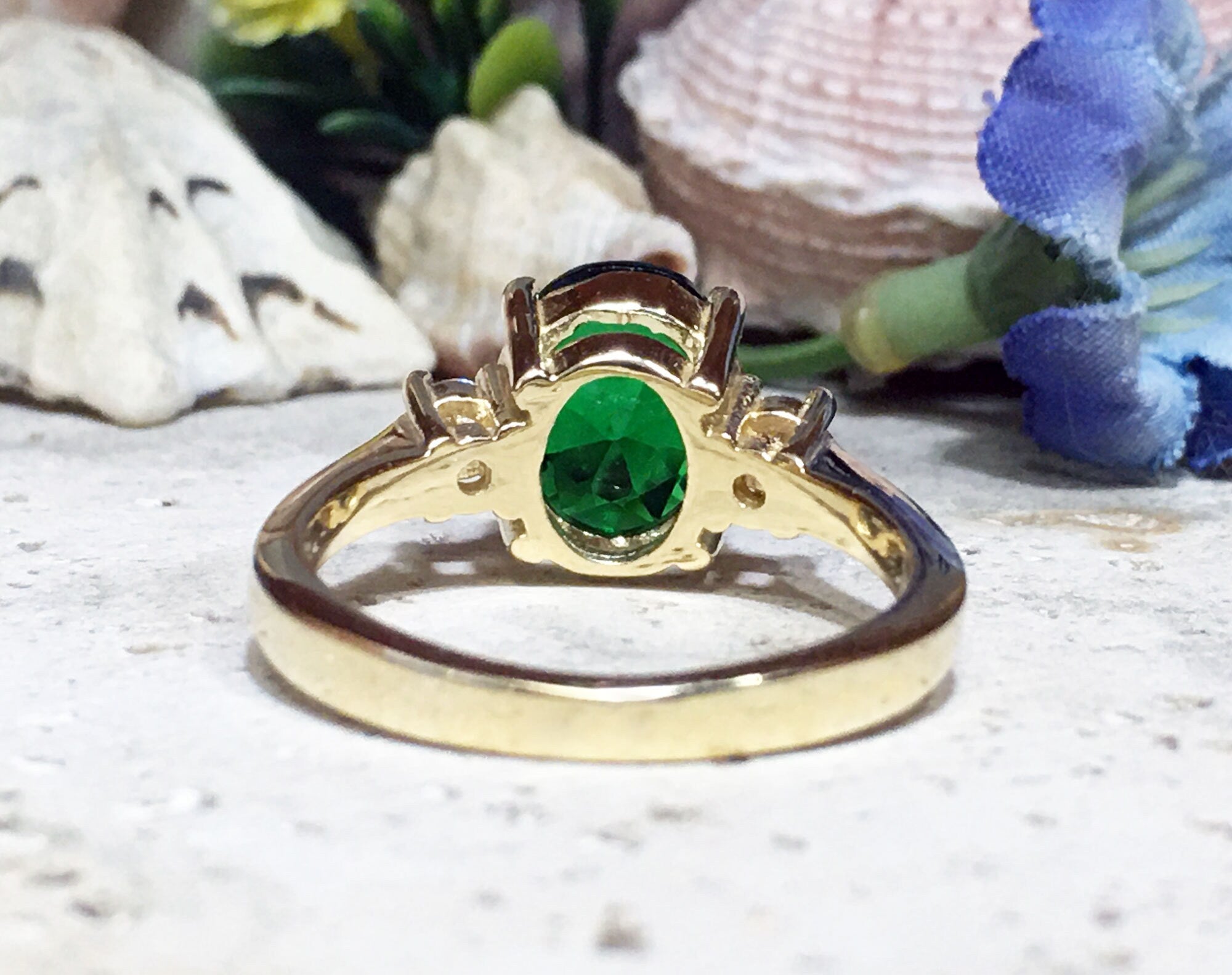 Emerald Ring - May Birthstone - Statement Engagement Ring with Oval Emerald Gemstone and Clear Quartz Accents - H.L.Jewelry