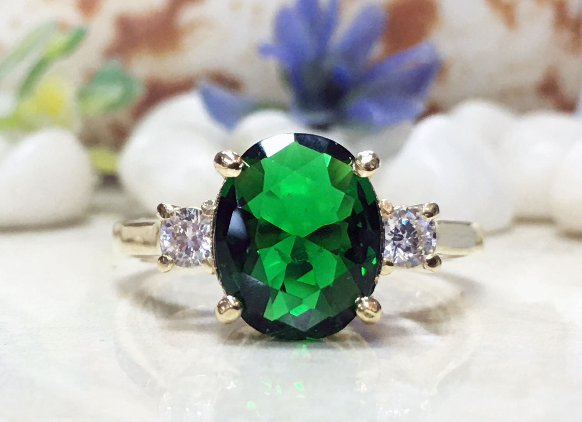 Emerald Ring - May Birthstone - Statement Engagement Ring with Oval Emerald Gemstone and Clear Quartz Accents - H.L.Jewelry