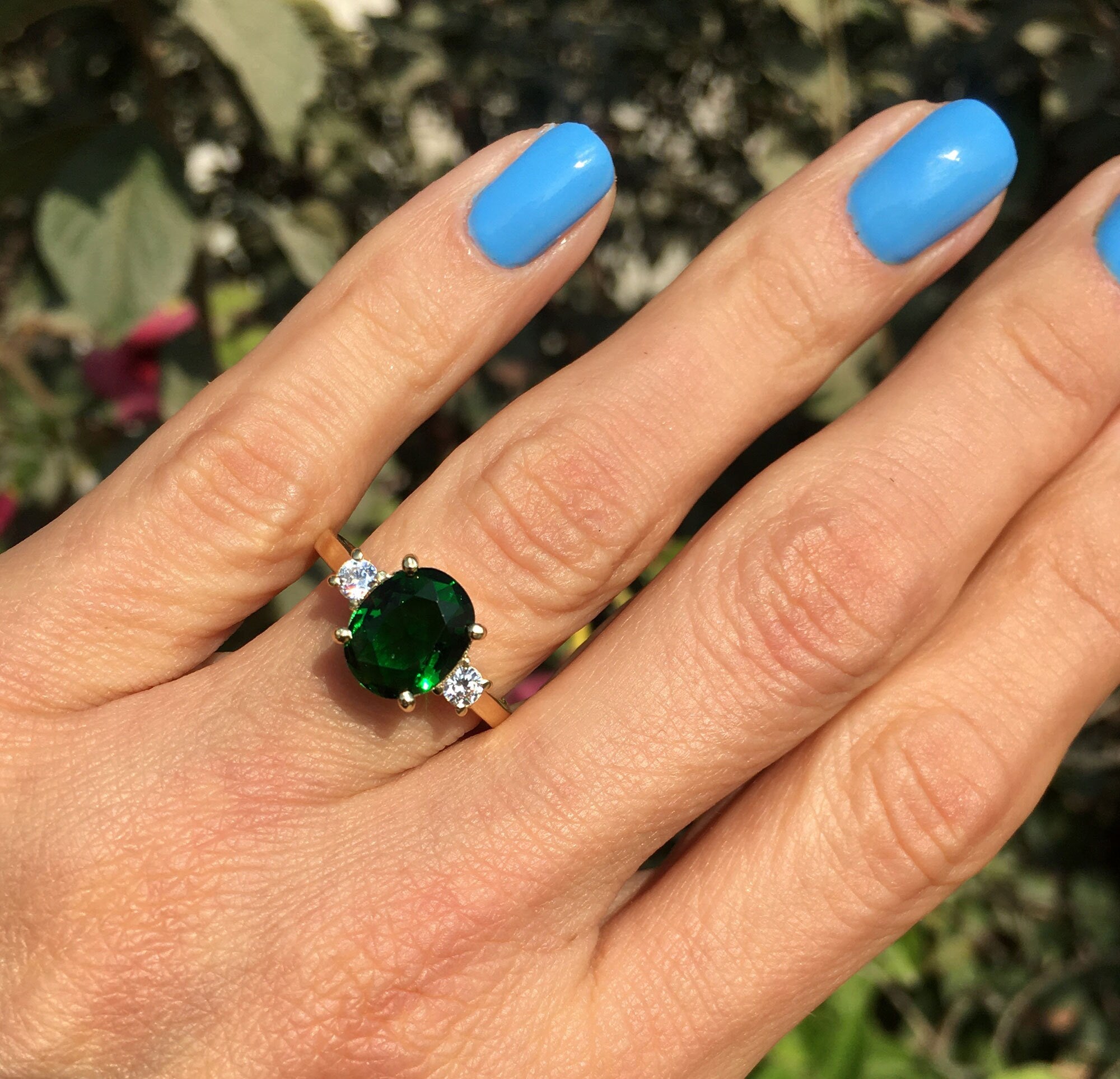 Emerald Ring - May Birthstone - Statement Engagement Ring with Oval Emerald Gemstone and Clear Quartz Accents - H.L.Jewelry