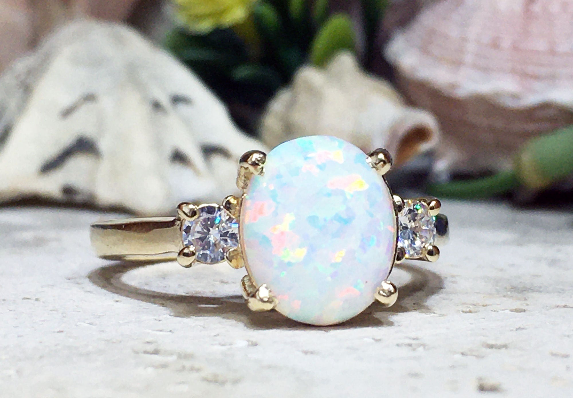 White Opal Ring - Oval White Opal Gemstone Statement Engagement Ring with Clear Quartz Accents - H.L.Jewelry