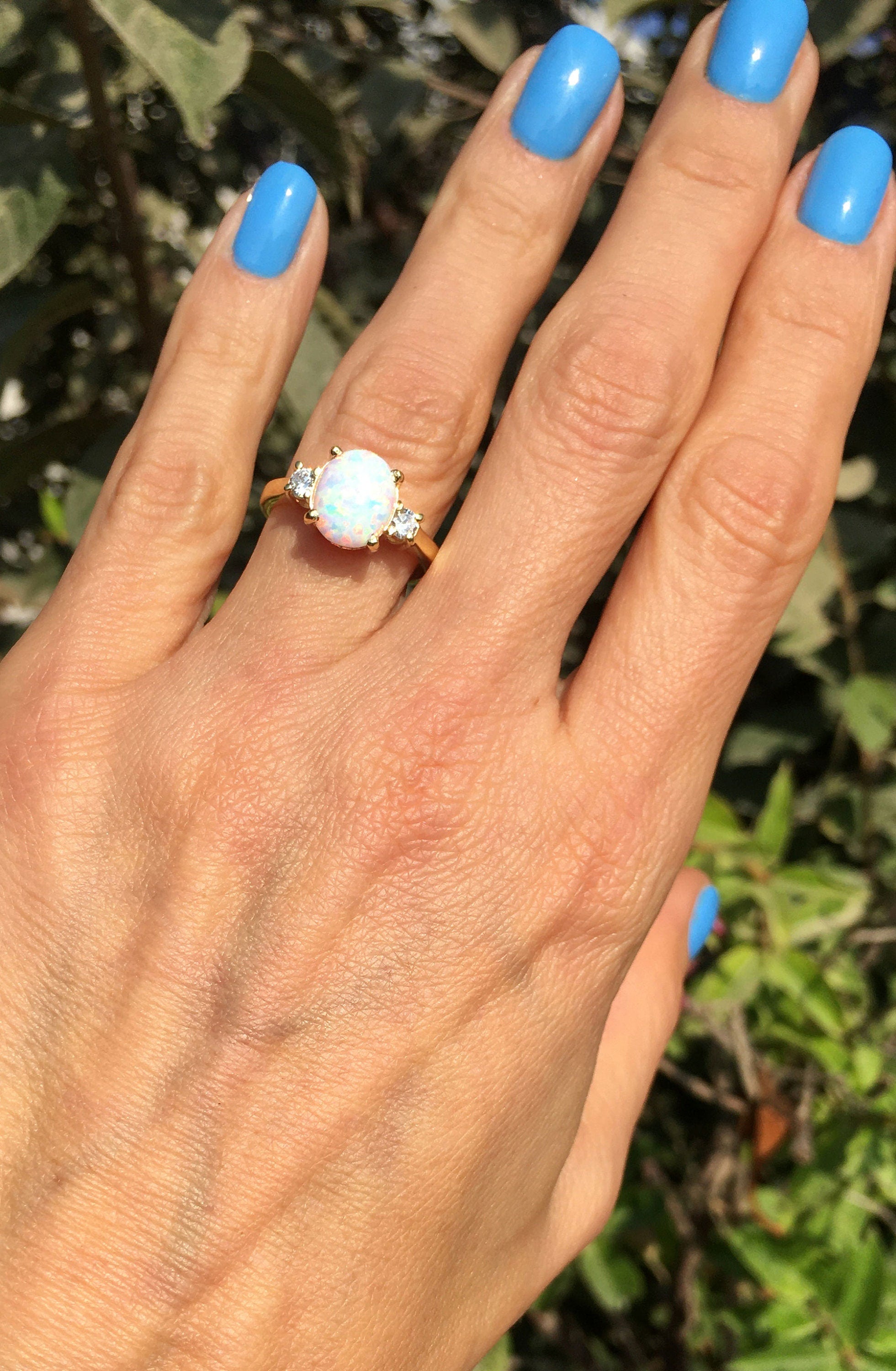 White Opal Ring - Oval White Opal Gemstone Statement Engagement Ring with Clear Quartz Accents - H.L.Jewelry