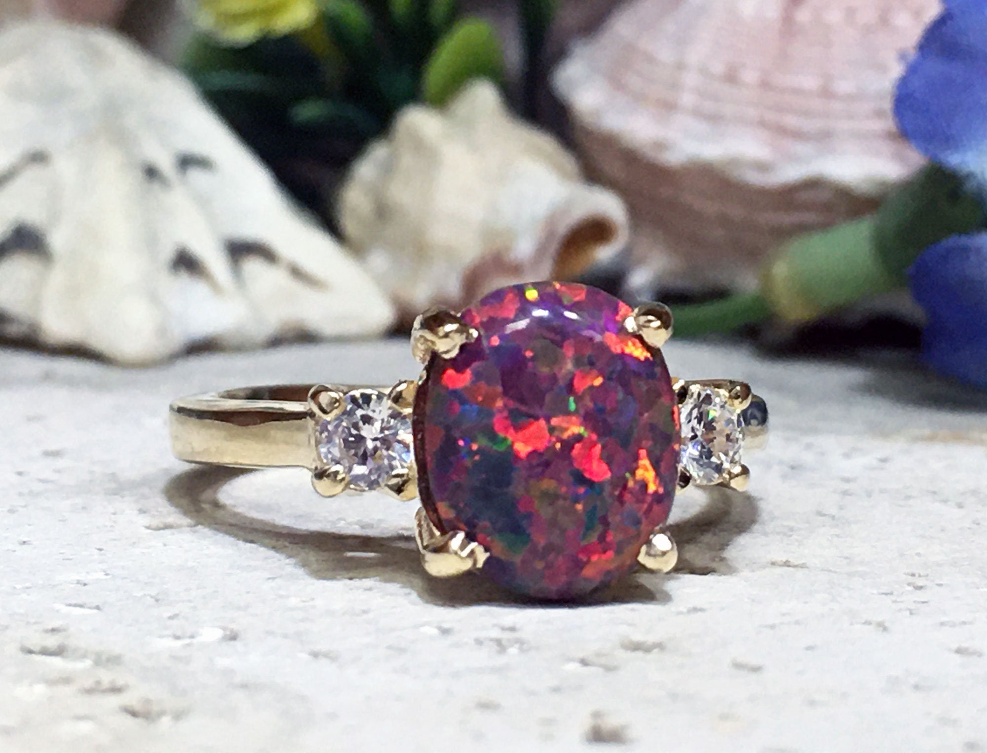 Fire Opal Ring - Statement Engagement Ring with Oval Fire Opal Gemstone and Clear Quartz Accents - H.L.Jewelry