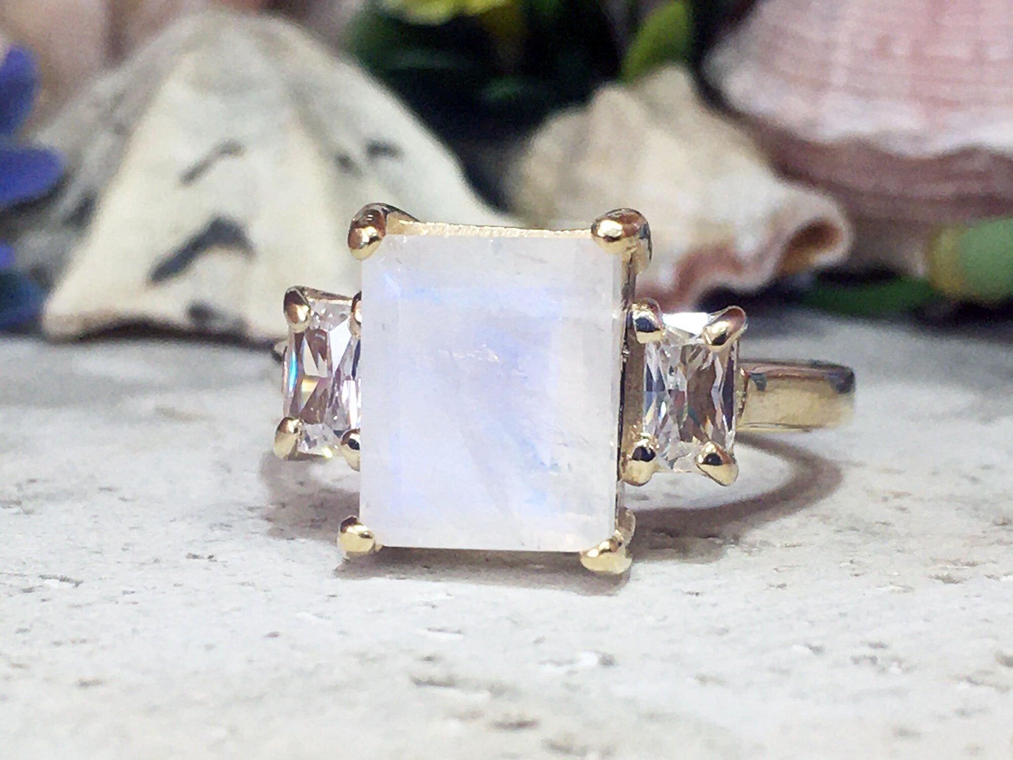 Rainbow Moonstone Ring - June Birthstone - Octagon Rainbow Moonstone Statement Engagement Ring with Clear Quartz Accents - H.L.Jewelry