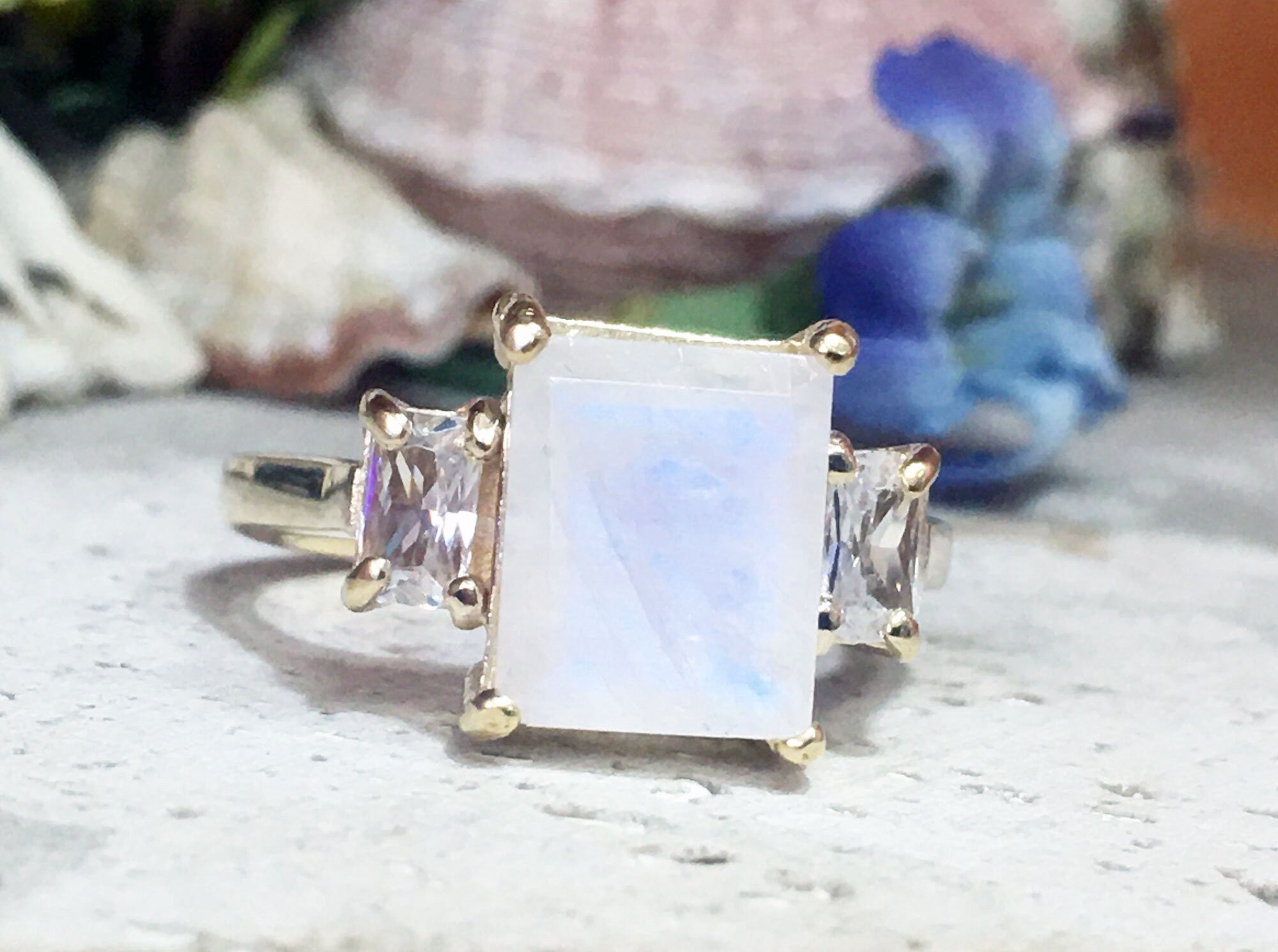 Rainbow Moonstone Ring - June Birthstone - Octagon Rainbow Moonstone Statement Engagement Ring with Clear Quartz Accents - H.L.Jewelry