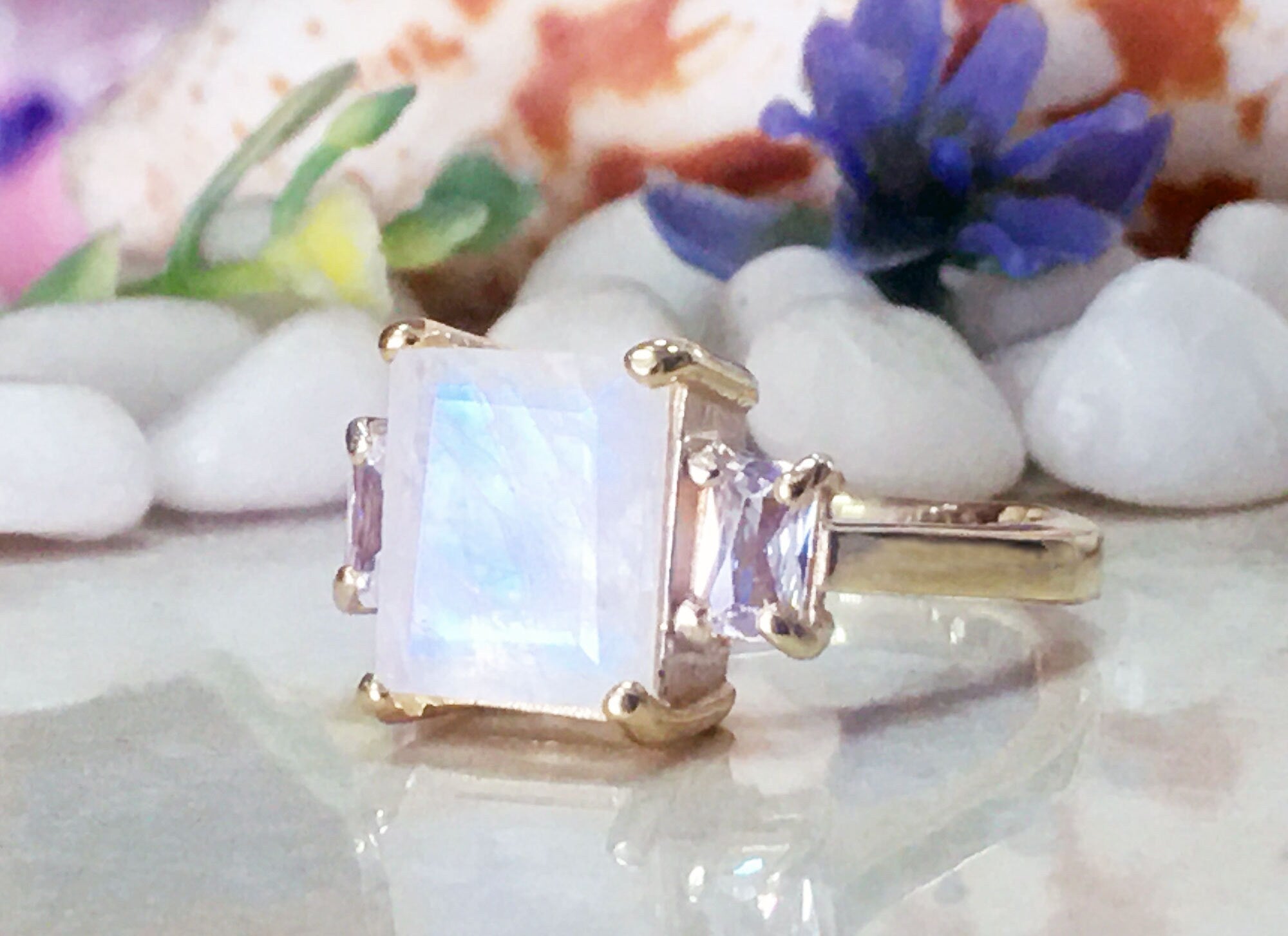 Rainbow Moonstone Ring - June Birthstone - Octagon Rainbow Moonstone Statement Engagement Ring with Clear Quartz Accents - H.L.Jewelry