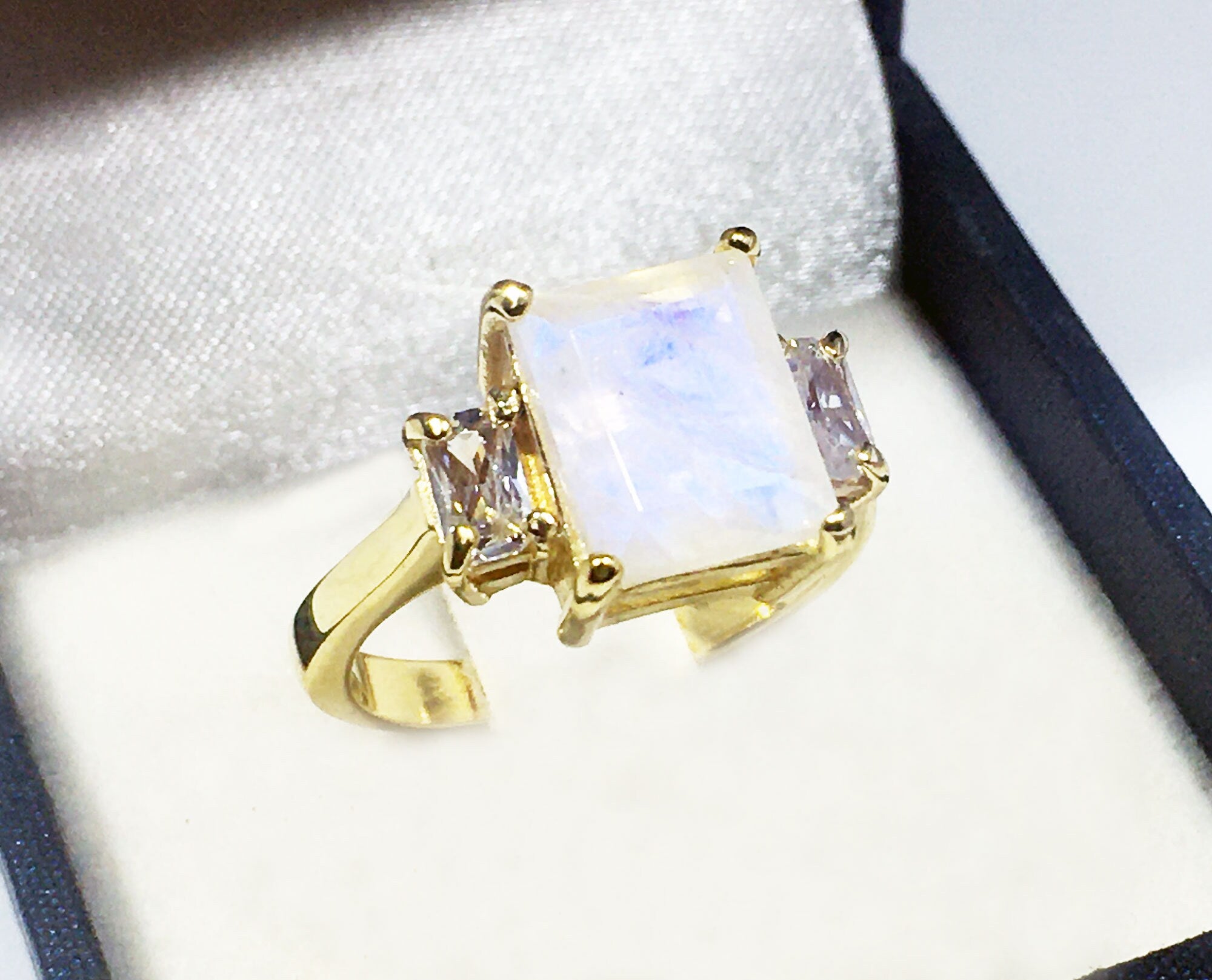 Rainbow Moonstone Ring - June Birthstone - Octagon Rainbow Moonstone Statement Engagement Ring with Clear Quartz Accents - H.L.Jewelry