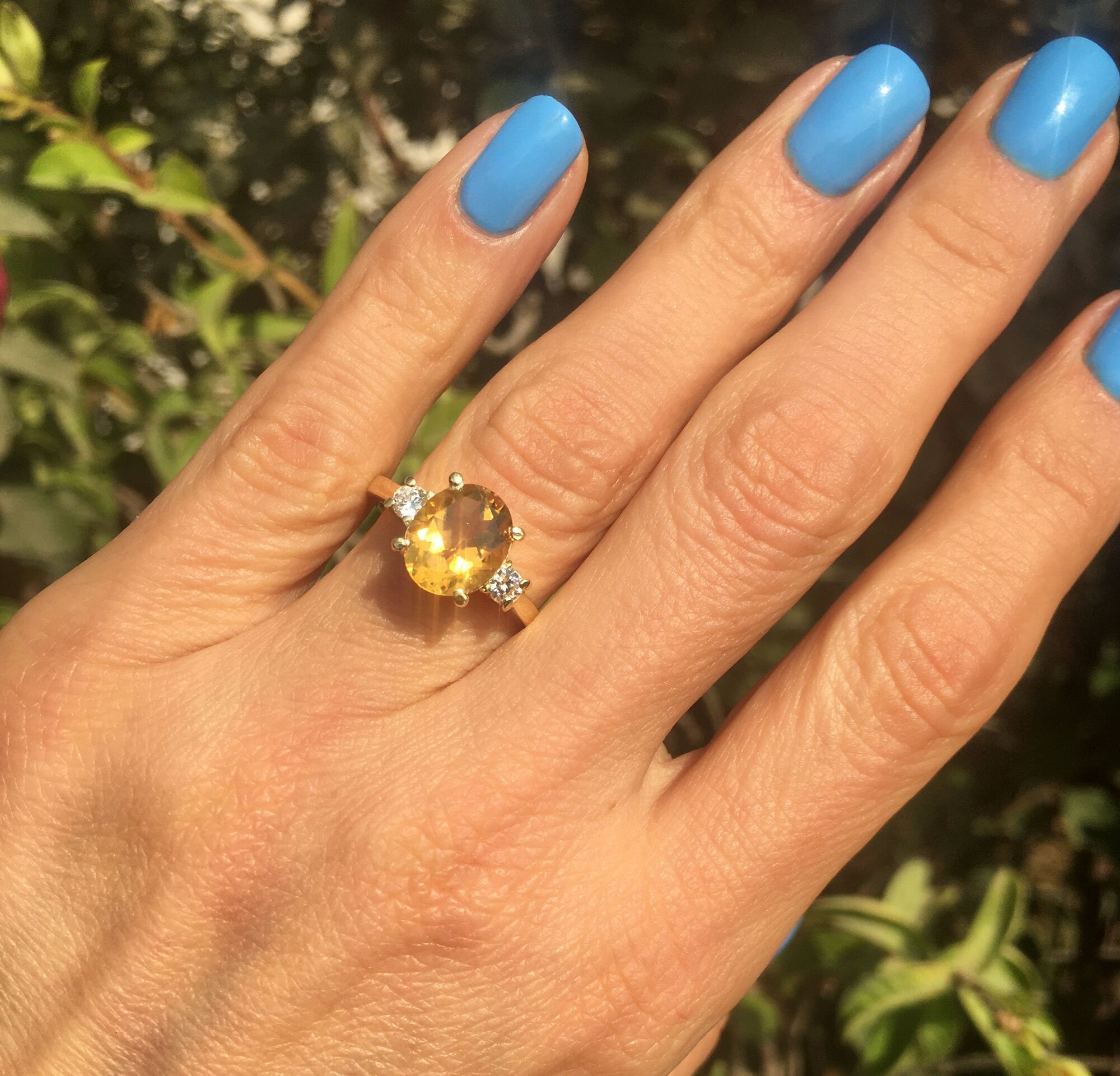 Citrine ring - November Birthstone - Oval Citrine Gemstone Statement Engagement Ring with Clear Quartz Accents - H.L.Jewelry