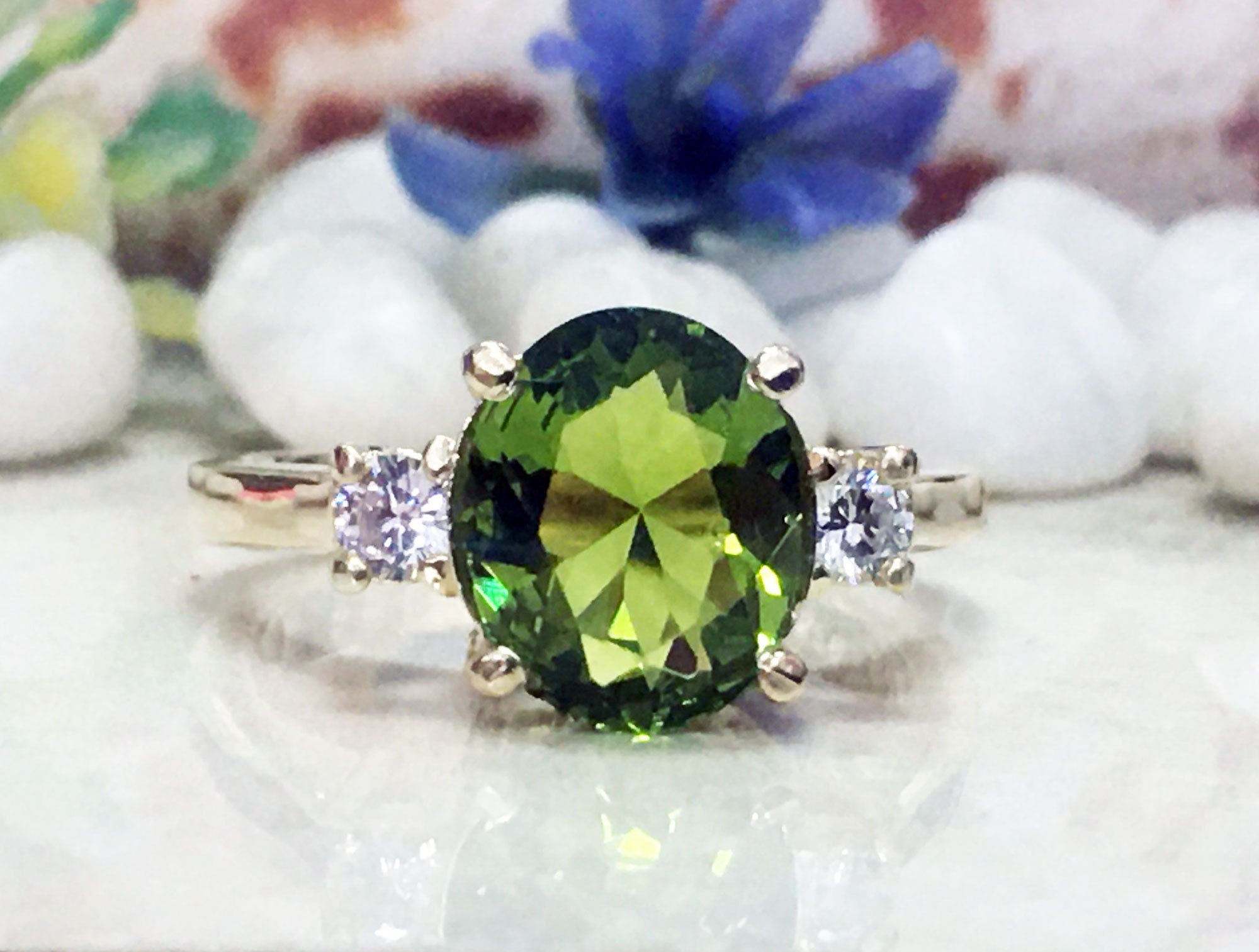 Peridot Ring - August Birthstone Jewelry - Statement Engagement Ring with Oval Peridot Gemstone and Clear Quartz Accents - H.L.Jewelry