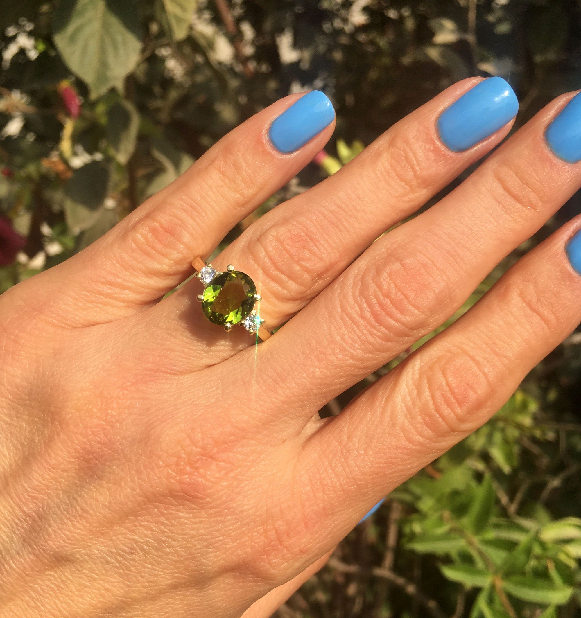 Peridot Ring - August Birthstone Jewelry - Statement Engagement Ring with Oval Peridot Gemstone and Clear Quartz Accents - H.L.Jewelry