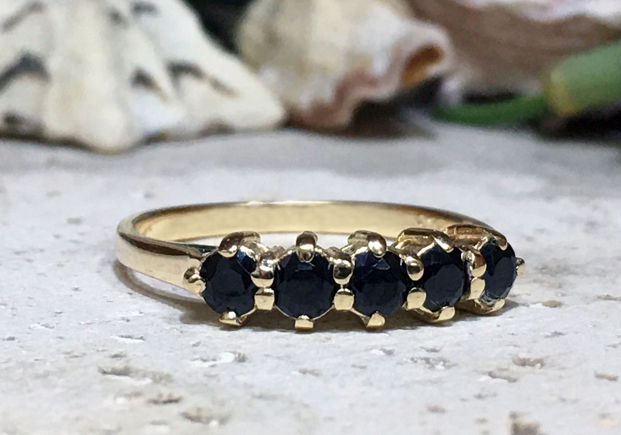 Black Onyx Ring - December Birthstone - Stacking Ring with Five Round Black Onyx Gemstones - H.L.Jewelry